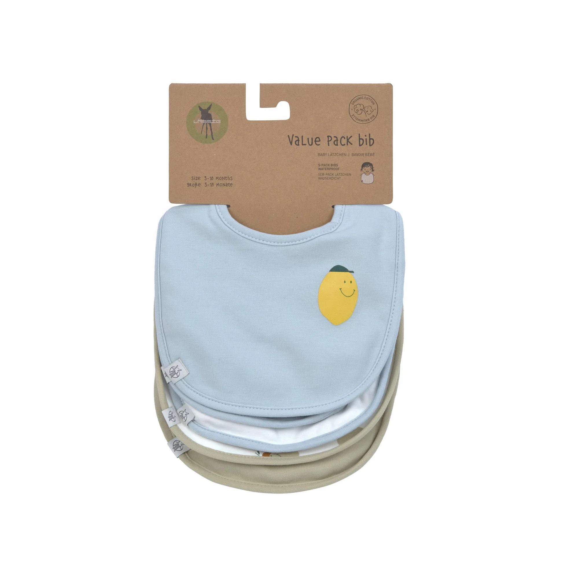 LÄSSIG Baby Bibs zestaw (5 sztuk) zapięcie na rzep bawełna wodoodporna/Value Pack Bib Happy Fruits Lemon