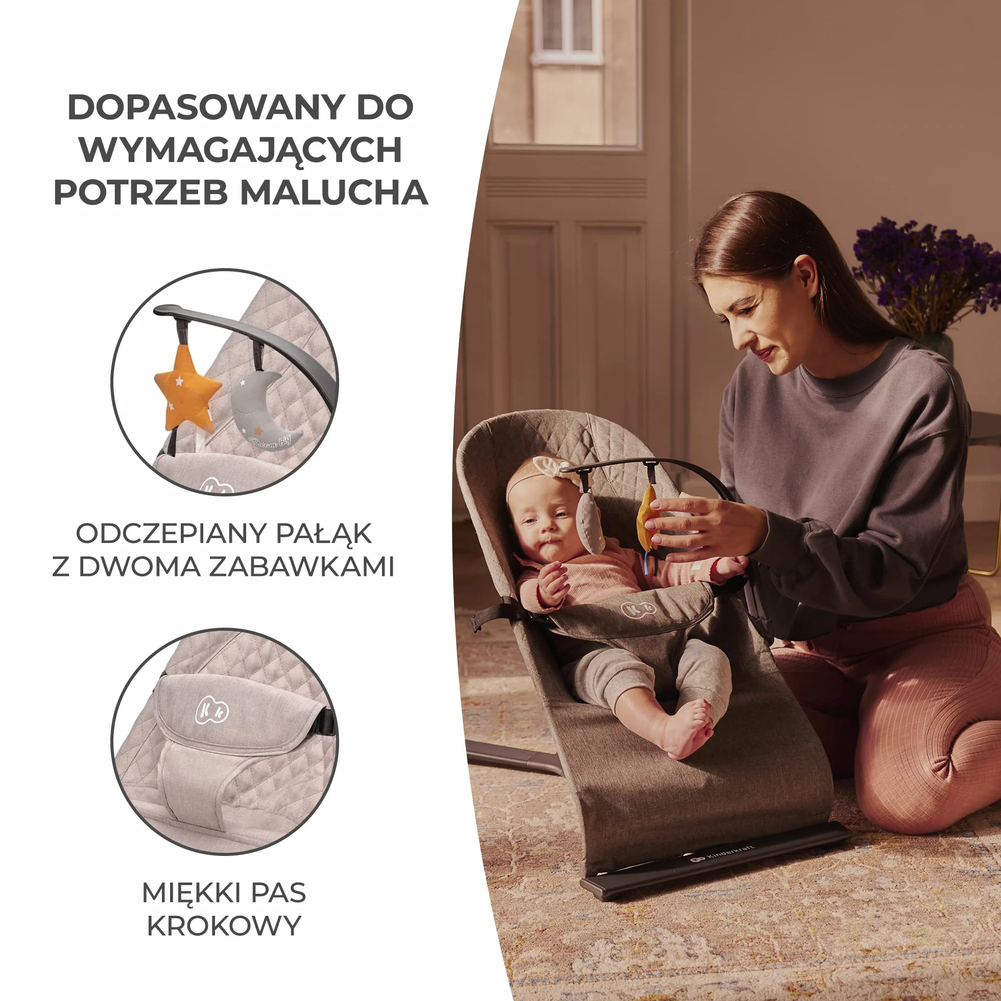 Kinderkraft Leżaczek MIMI, Bujaczek, Pałąk z zabawkami, Naturalne kołysanie, Kompaktowy po złożeniu, Pasy bezpieczeństwa, Beżowy