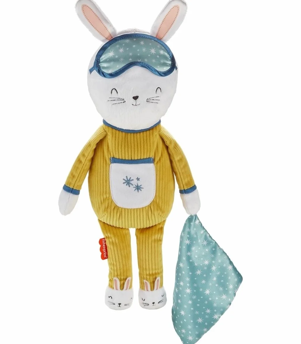 Fisher-Price Króliczek Usypianka „Zaśnij ze mną” – uroczy uspokajacz do nauki zasypiania, miękka muzyczna zabawka dla dzieci ze światełkami i dźwiękami, GMN58