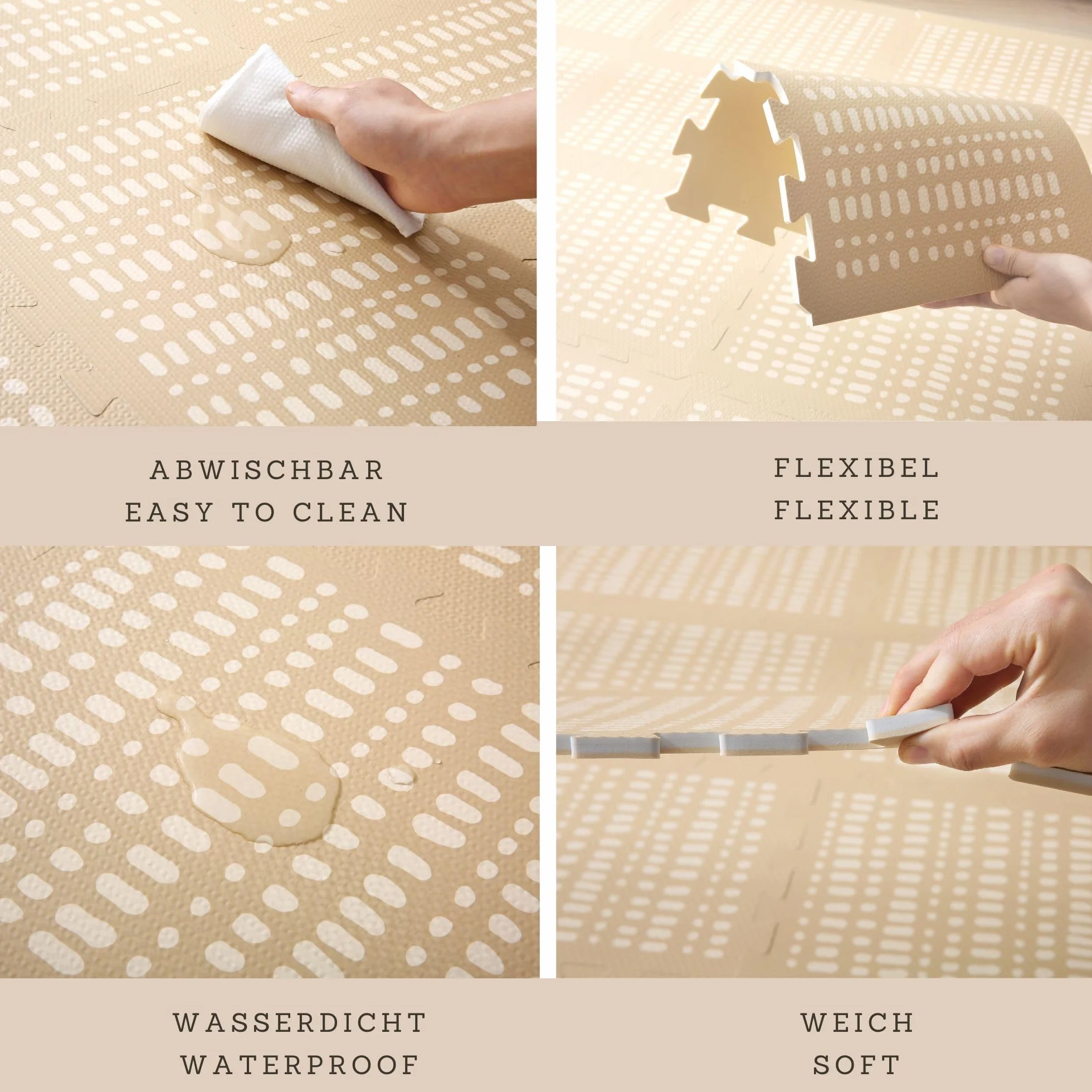 Elegancki dywan do puzzli dla niemowląt 1,7 x 1,2 m Hygge Sand - 16 płytek XL z krawędziami, gruby i miękki, bez szkodliwych substancji, bezwonny, łatwy w pielęgnacji, opakowanie bez plastiku.