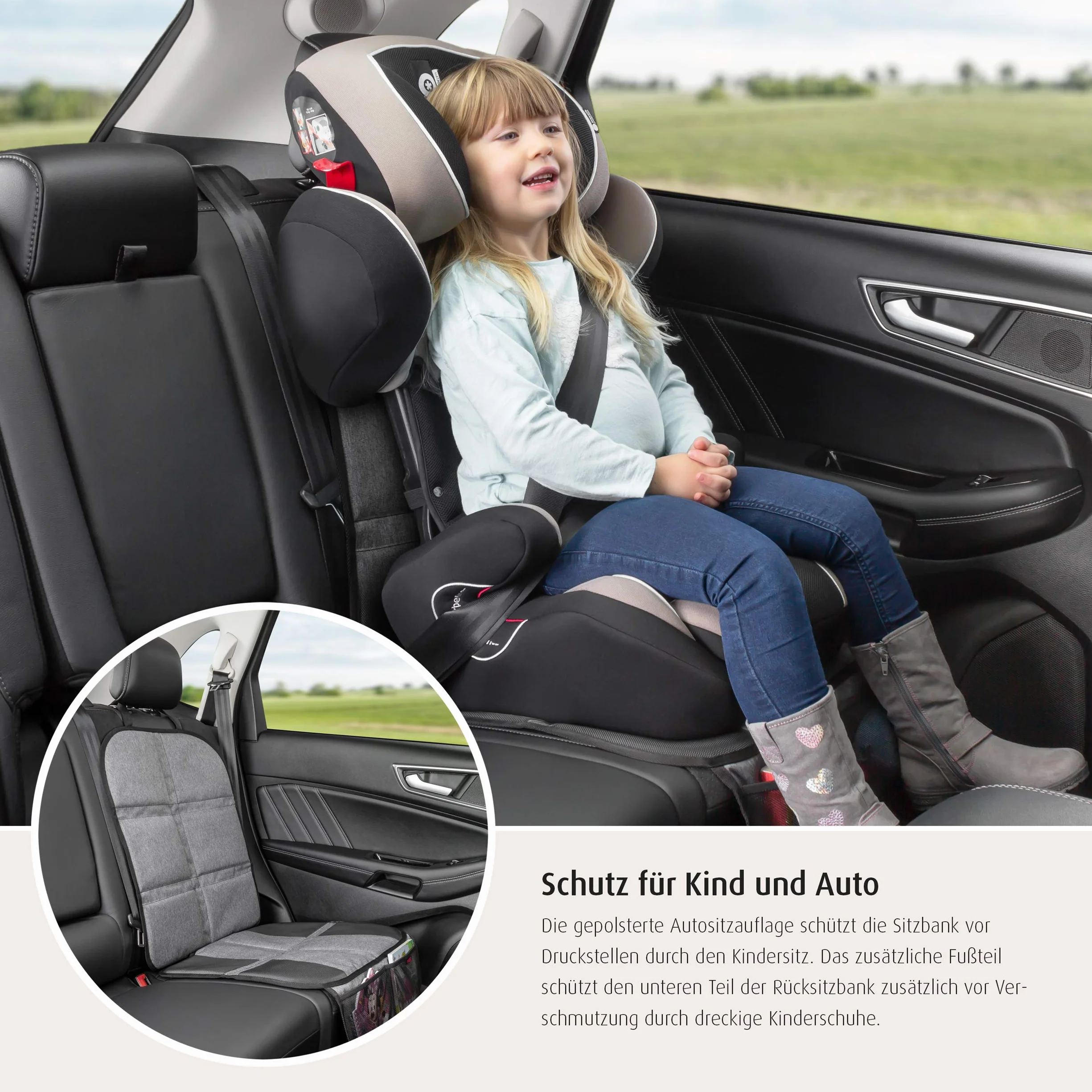 reer Podkładka pod fotelik dziecięcy TravelKid MaxiProtect, podkładka ochronna na fotel samochodowy z ochroną oparcia, antypoślizgowa podkładka, nadaje się do wszystkich tradycyjnych modeli, szara