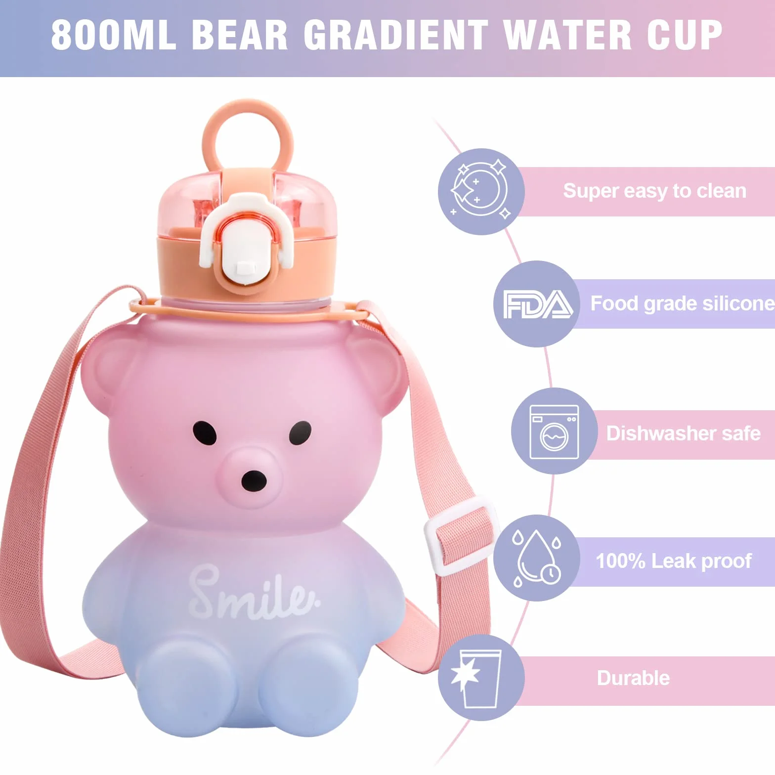 Urocza butelka na wodę ze słomką, 800 ml, butelka na napoje dla dzieci, szczelna, bez BPA, butelka na napoje sportowe, gradientowe, kolorowe butelki na wodę dla dzieci, dziewcząt, chłopców, do