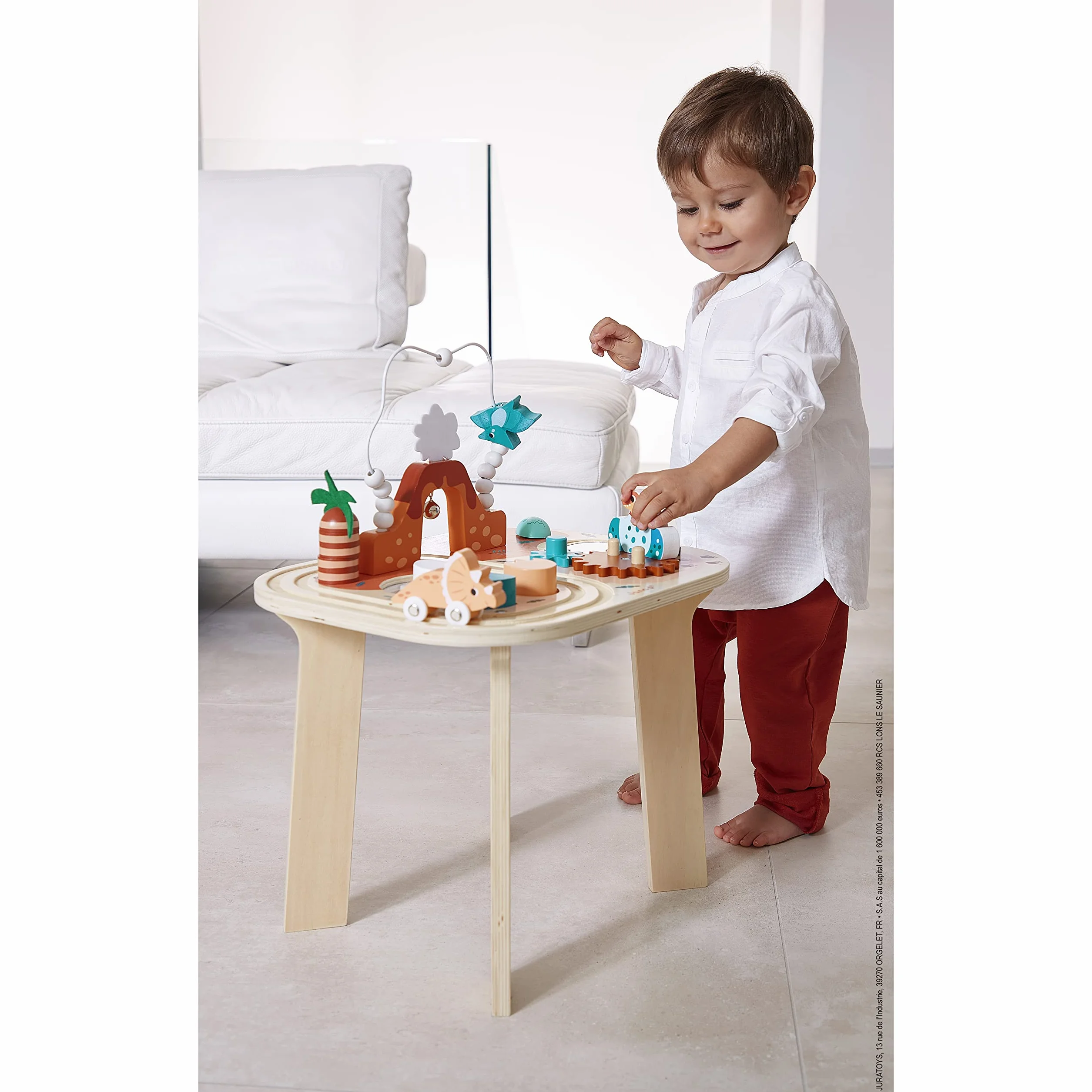 Janod Table Dinosaur-8 zajęć Pierwsza epoka przebudzenia-rozwija umiejętności motoryczne i zręczność-drewniana zabawka FSC-od 12 miesięcy, J05825, Wielokolorowa, Medium