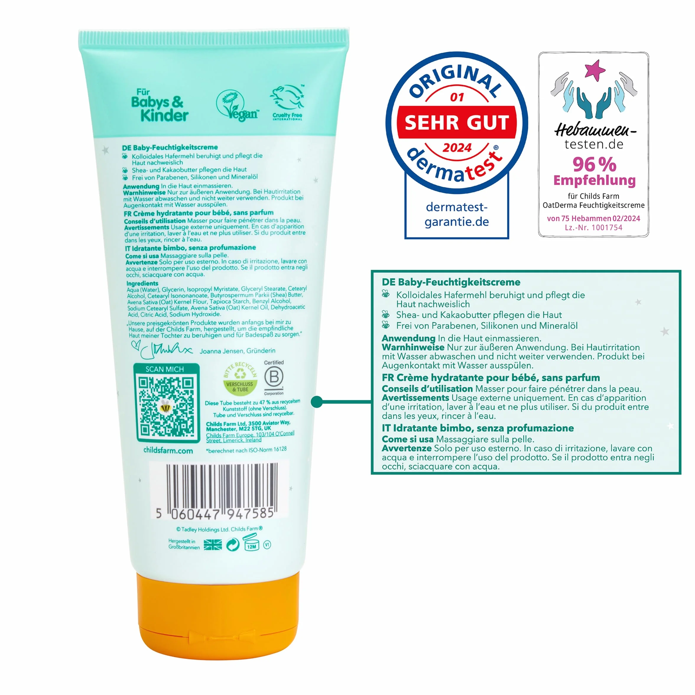 Childs Farm OatDerma krem nawilżający dla niemowląt 200 ml, bez perfum | Kojący balsam do pielęgnacji skóry, do wrażliwej lub skłonnej do egzemy skóry niemowląt i dzieci. Również dla noworodków.