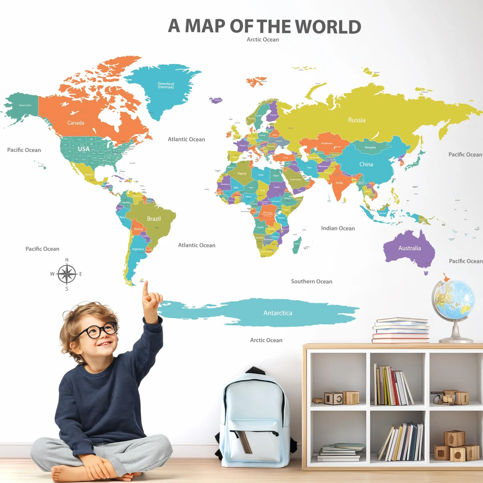 DECOWALL SG2-2414 kolorowa mapa świata tatuaż ścienny 120 x 75 cm edukacyjna dekoracja