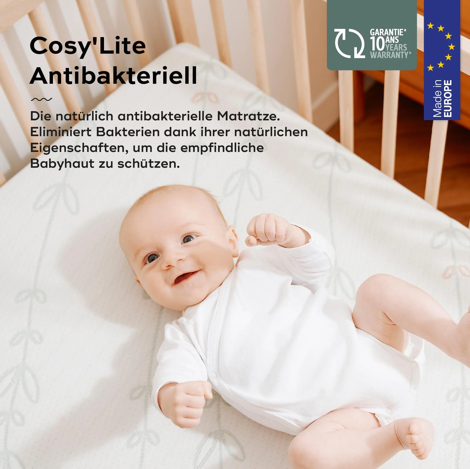 Babymoov Cosy'Lite antybakteryjny materac dziecięcy 60x120cm - bez obróbki chemicznej - grubość 10 cm - wyprodukowano w Portugalii - zdejmowany - certyfikat Oeko-Tex