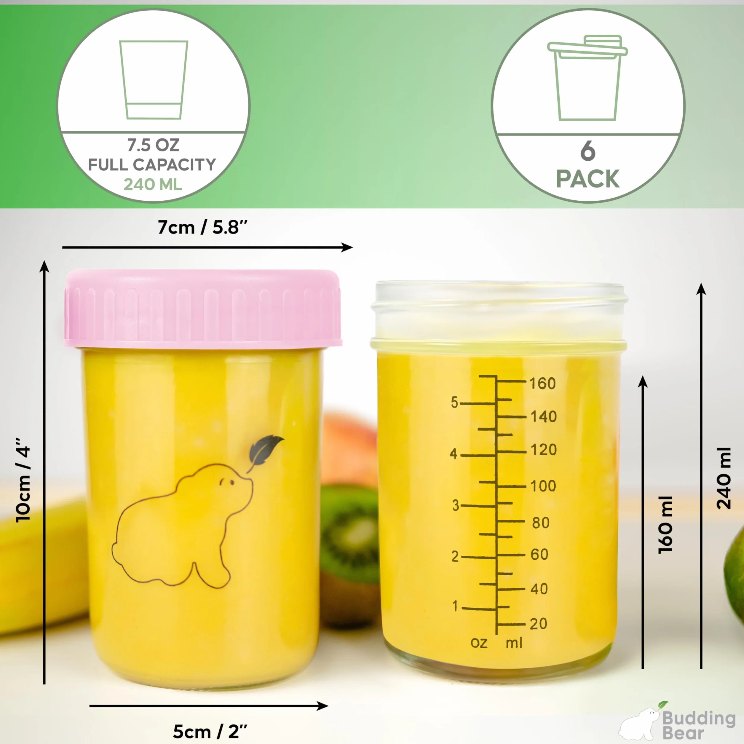240 ml Szklane Pojemniki na Żywność dla Niemowląt (6 szt.) - Do Zamrażarki i Mikrofalówki (Bez Pokrywek) - Mycie Ręczne - Bez BPA, Ftalanów, Ołowiu i PVC - Wielokrotnego Użytku