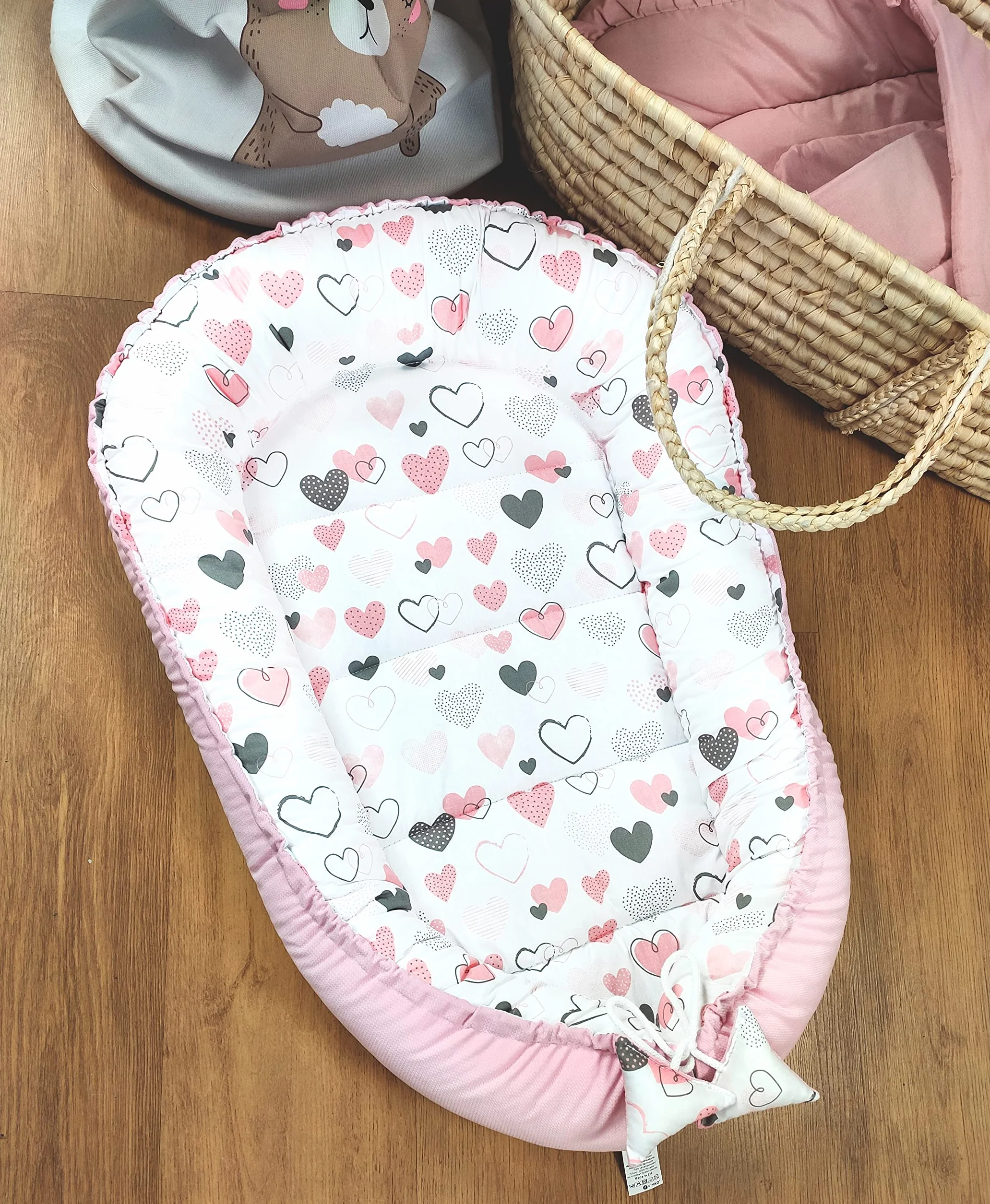 PIMKO Kokon dla niemowląt dwustronny antyalergiczny 90x55 cm bawełna aksamit różowe serca