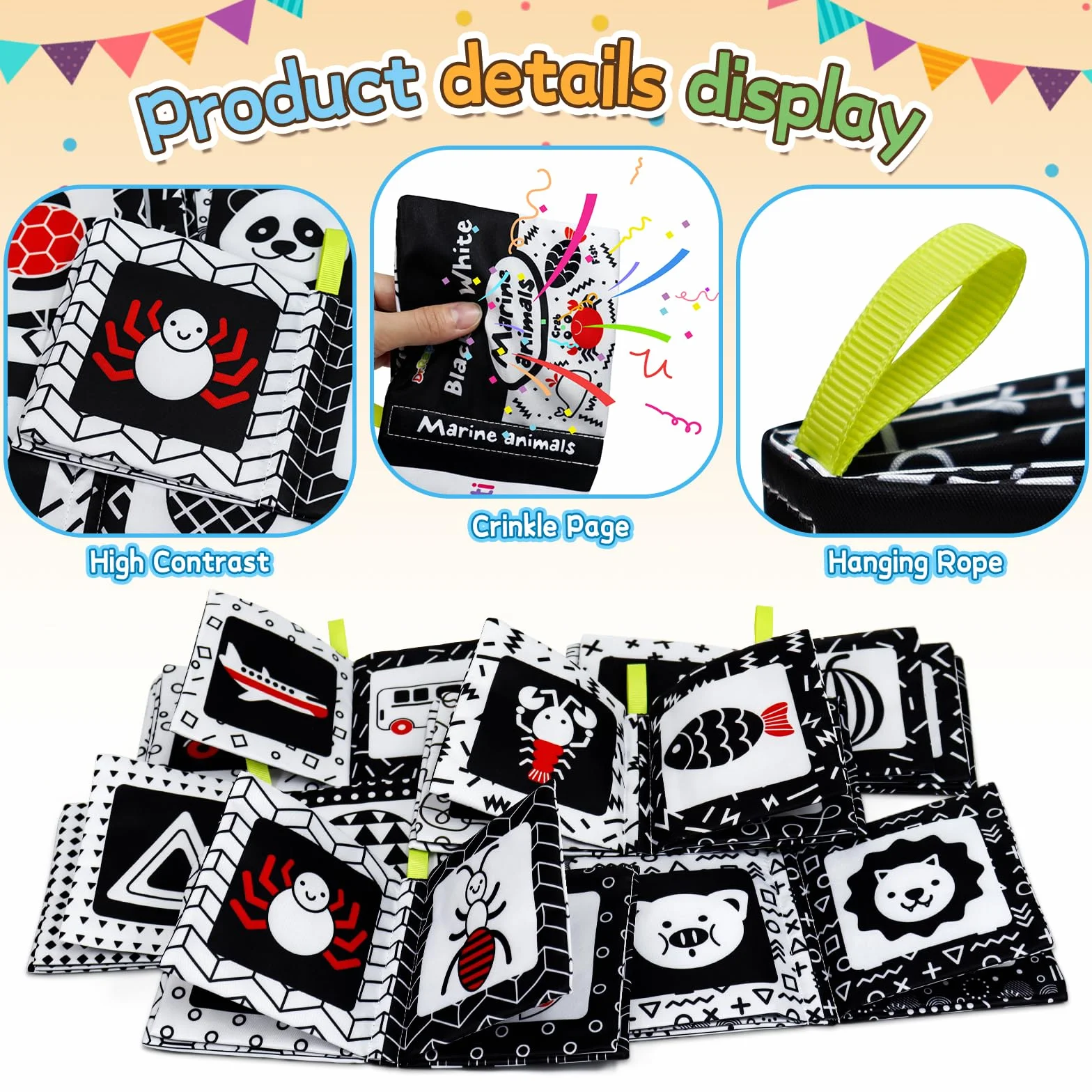 Dr.Rapeti 6 Pack Soft Baby Cloth Book Sensory Bath Crinkle Black White High Contrast Washable Nontoxic Educational Toy