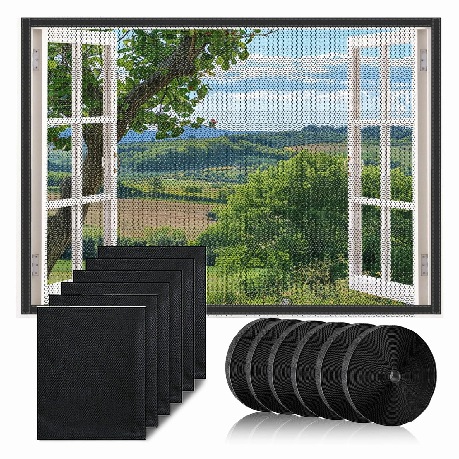 Moskitiera okienna z możliwością przycięcia, 6 sztuk, 130 x 150 cm, samoprzylepna moskitiera okienna z 6 rolkami taśmy klejącej (czarna)