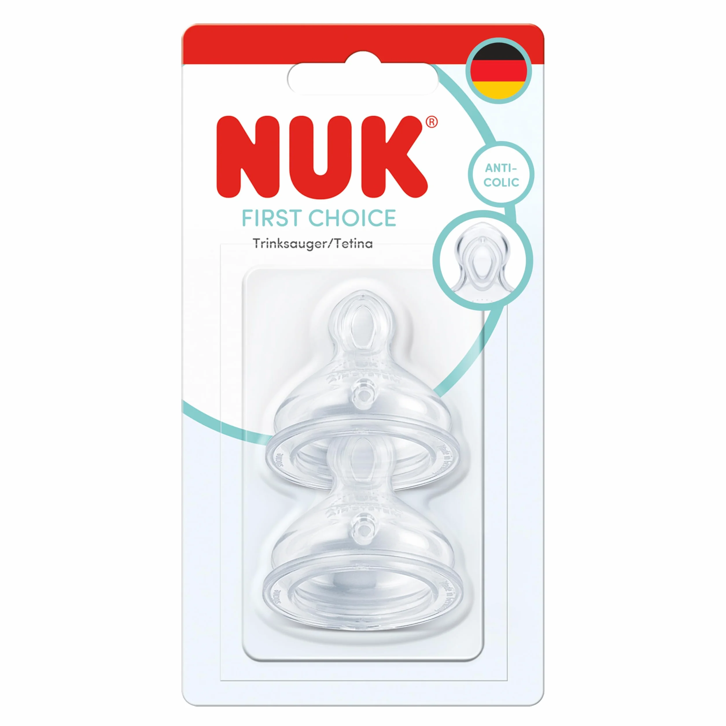 NUK First Choice Smoczki do butelek | 0+ miesięcy | Smoczki antykolkowe do butelek | Silikonowe | Małe | 2 sztuki