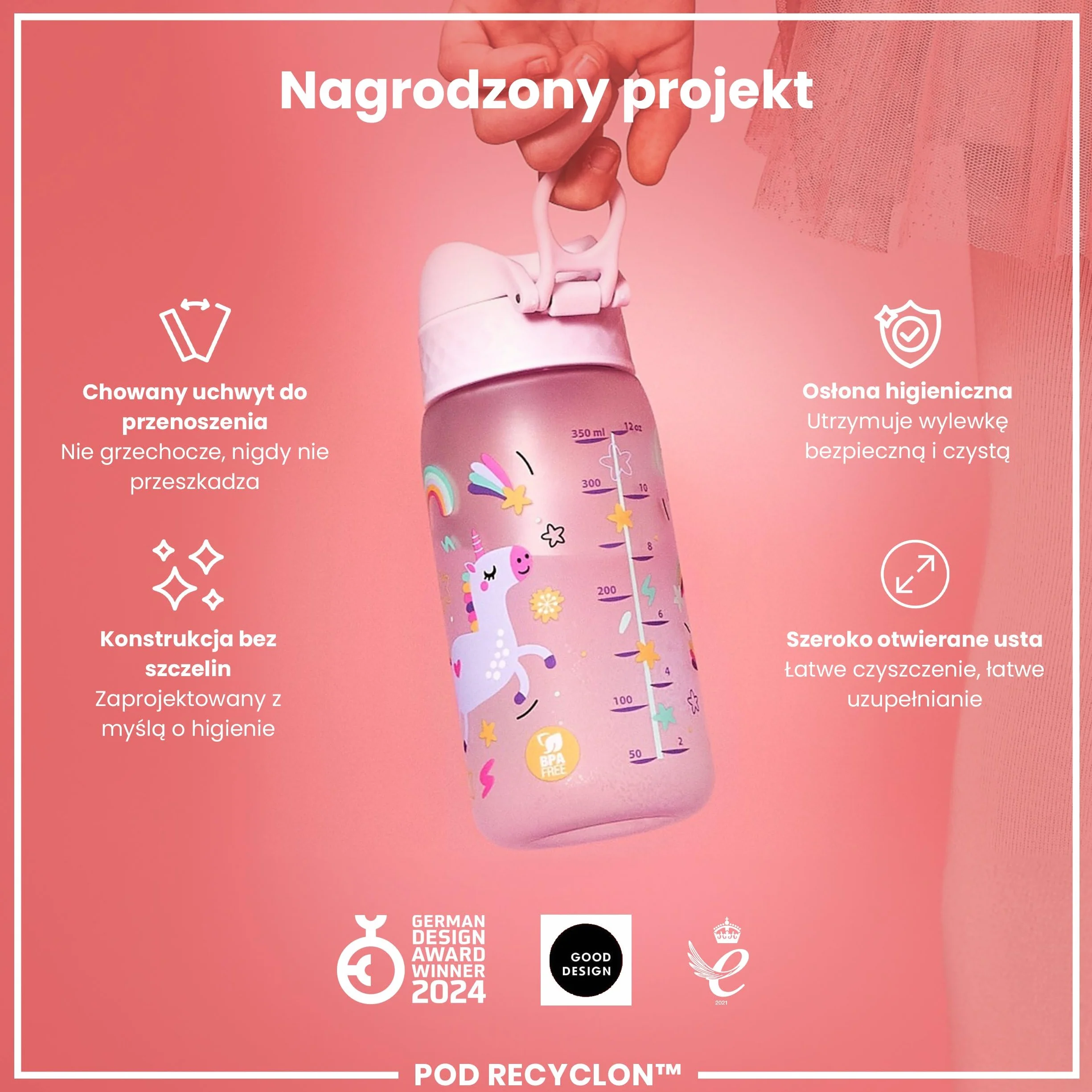 ION8 Butelka na Wodę, Szczelna, Łatwe Otwieranie, Bezpieczny Zamek, Można Myć w Zmywarce, Bez BPA, Higieniczne Pokrycie, Uchwyt do Przenoszenia, Łatwa Czyszczenie