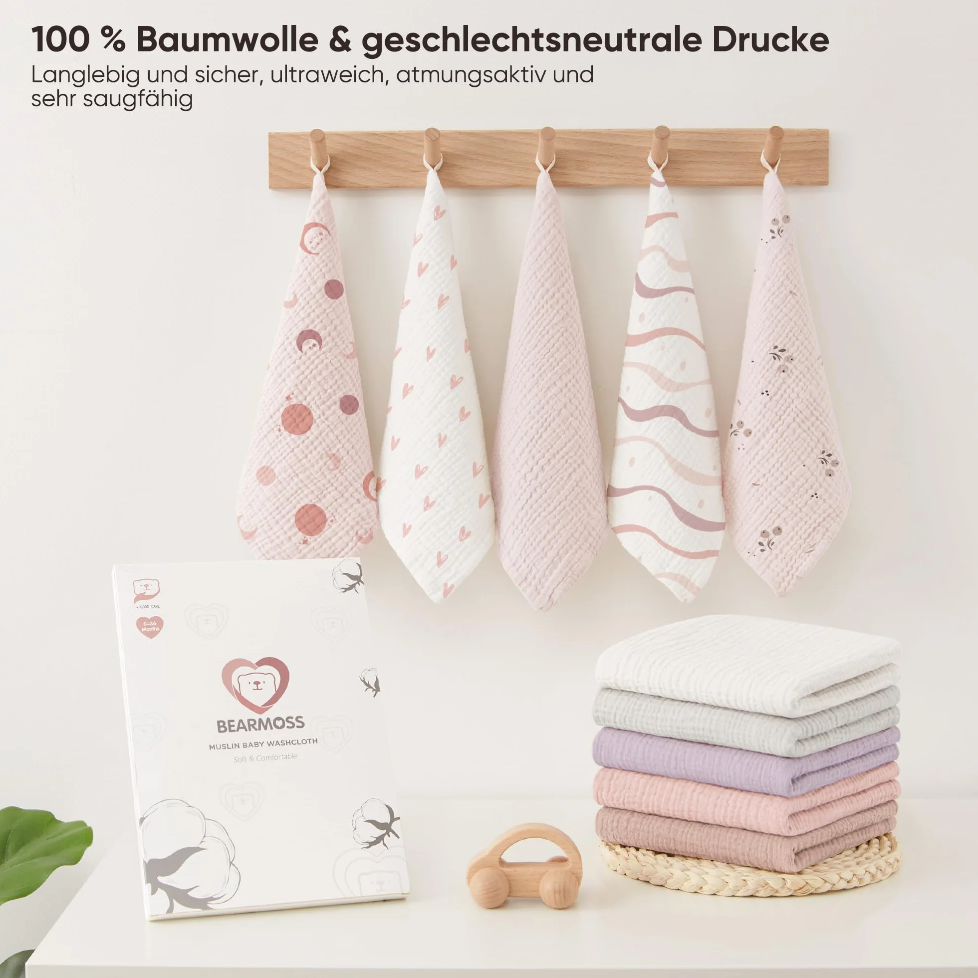 Bearmoss Chusteczki Molton dla niemowląt 100% bawełna 25x25 cm 10 sztuk różowo-fioletowe
