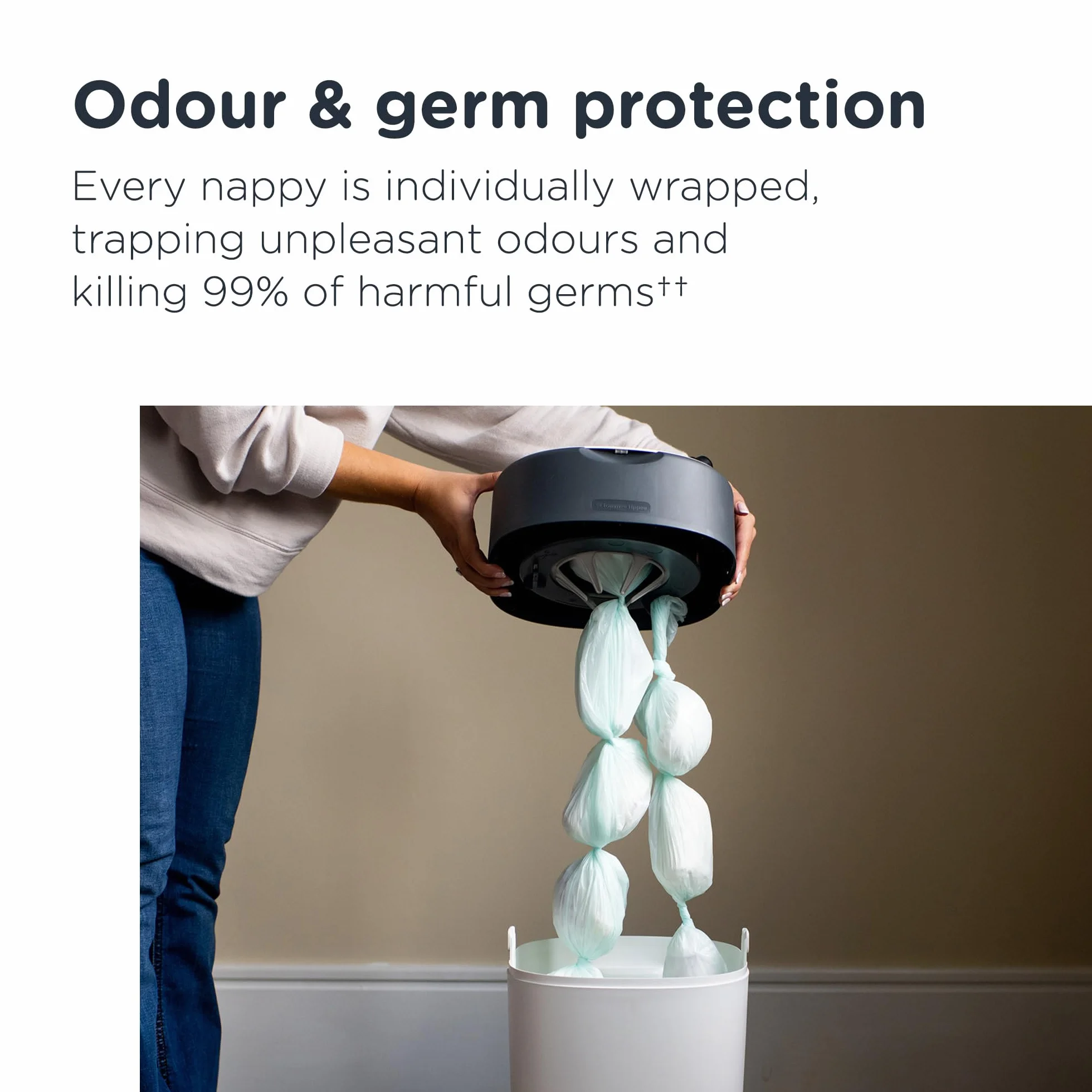 Tommee Tippee Twist and Click Advanced kosz na pieluchy, bardziej przyjazny dla środowiska z 1 wymiennymi wkład z folii antybakteryjnej GREENFILM, przyjazny, biały