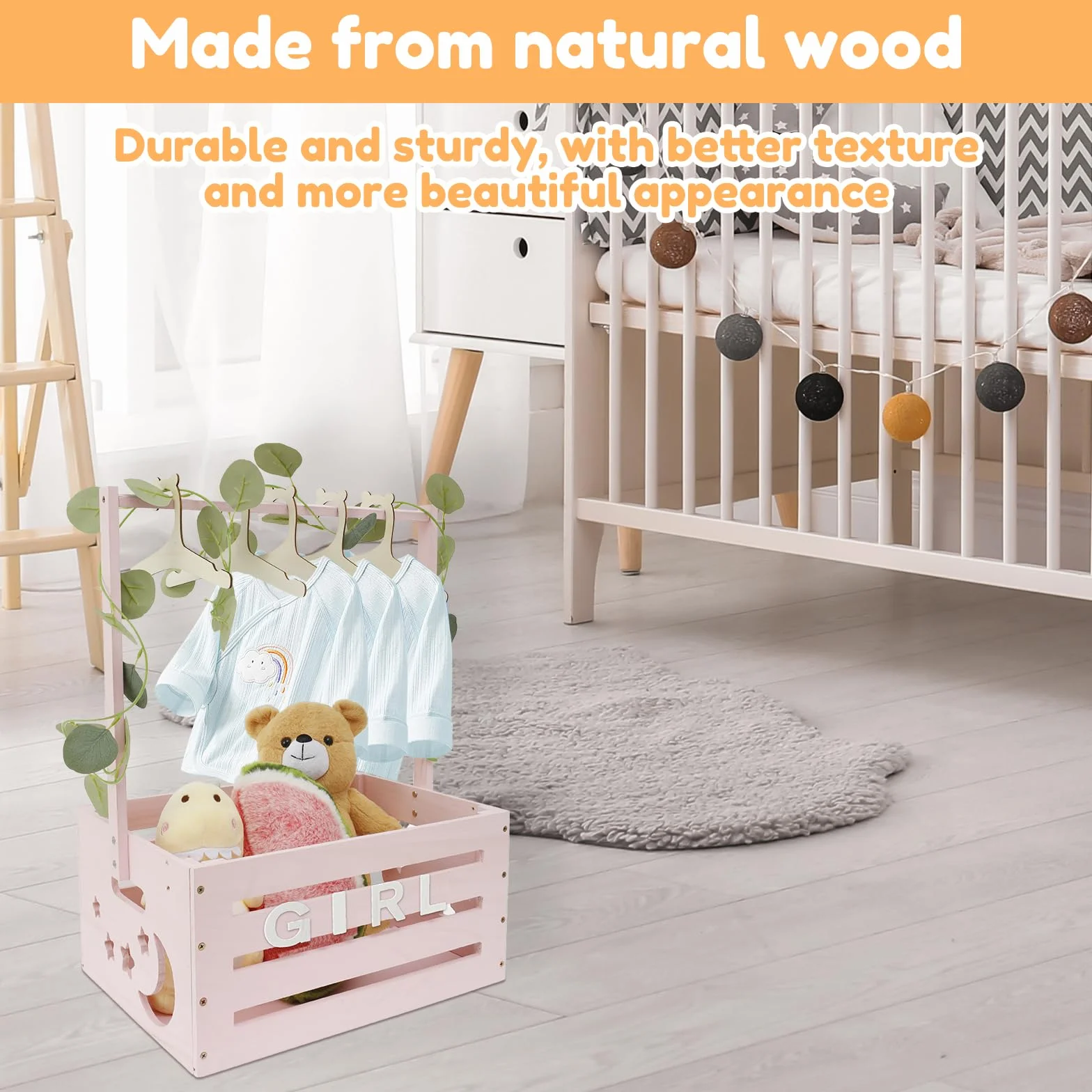 Kosz dla niemowląt z uchwytem, drewniana szafka na baby shower, praktyczna drewniana skrzynka na baby shower z drążkiem, szafka na baby shower z drewna, kosz na pranie dla dzieci, prezent (różowy)
