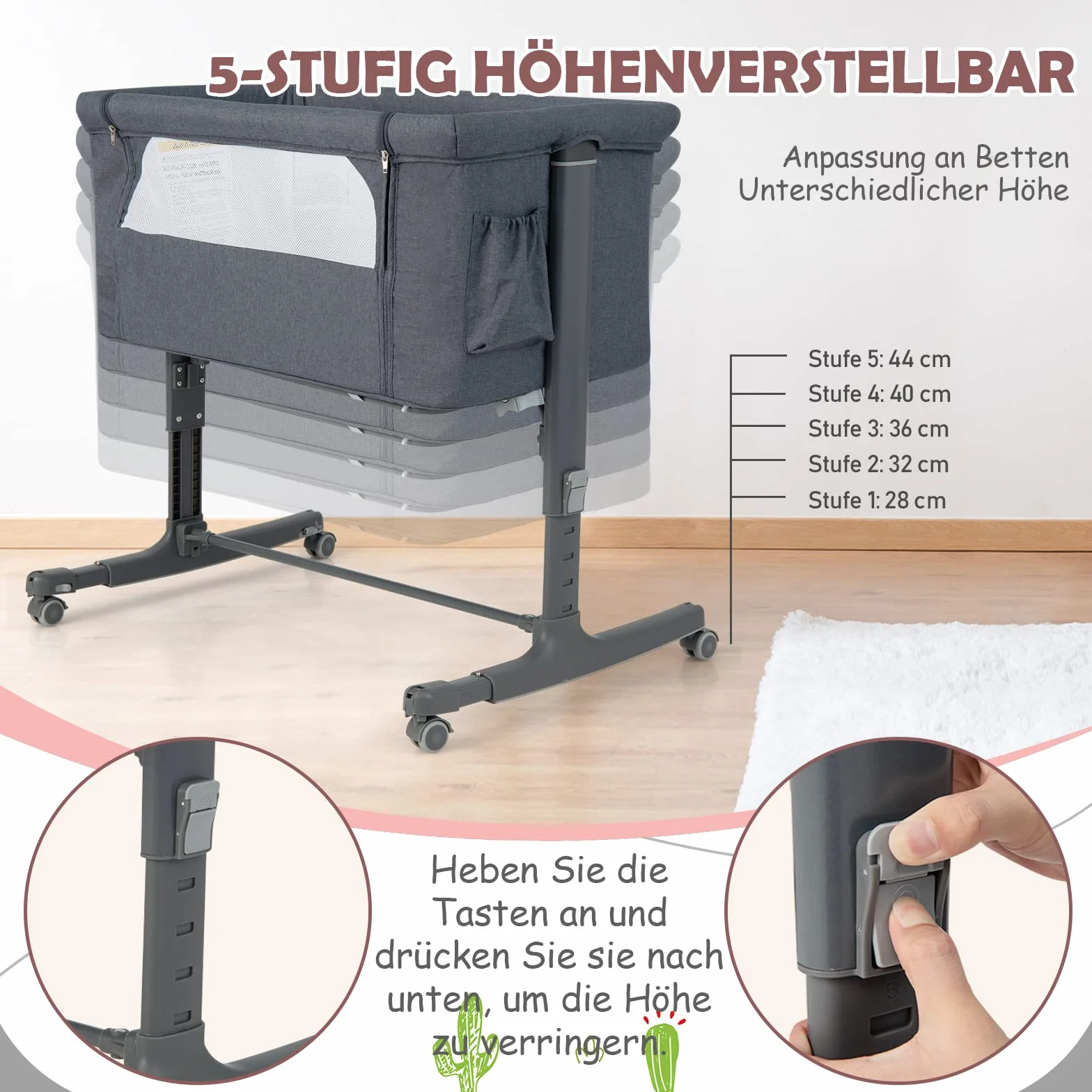 COSTWAY 3 in 1 Bassinet & Cradle & Travel Cot, 5-stopniowe łóżeczko dziecięce z regulacją wysokości, nachylenie 10°, łóżeczko z materacem, torba transportowa (ciemnoszary)