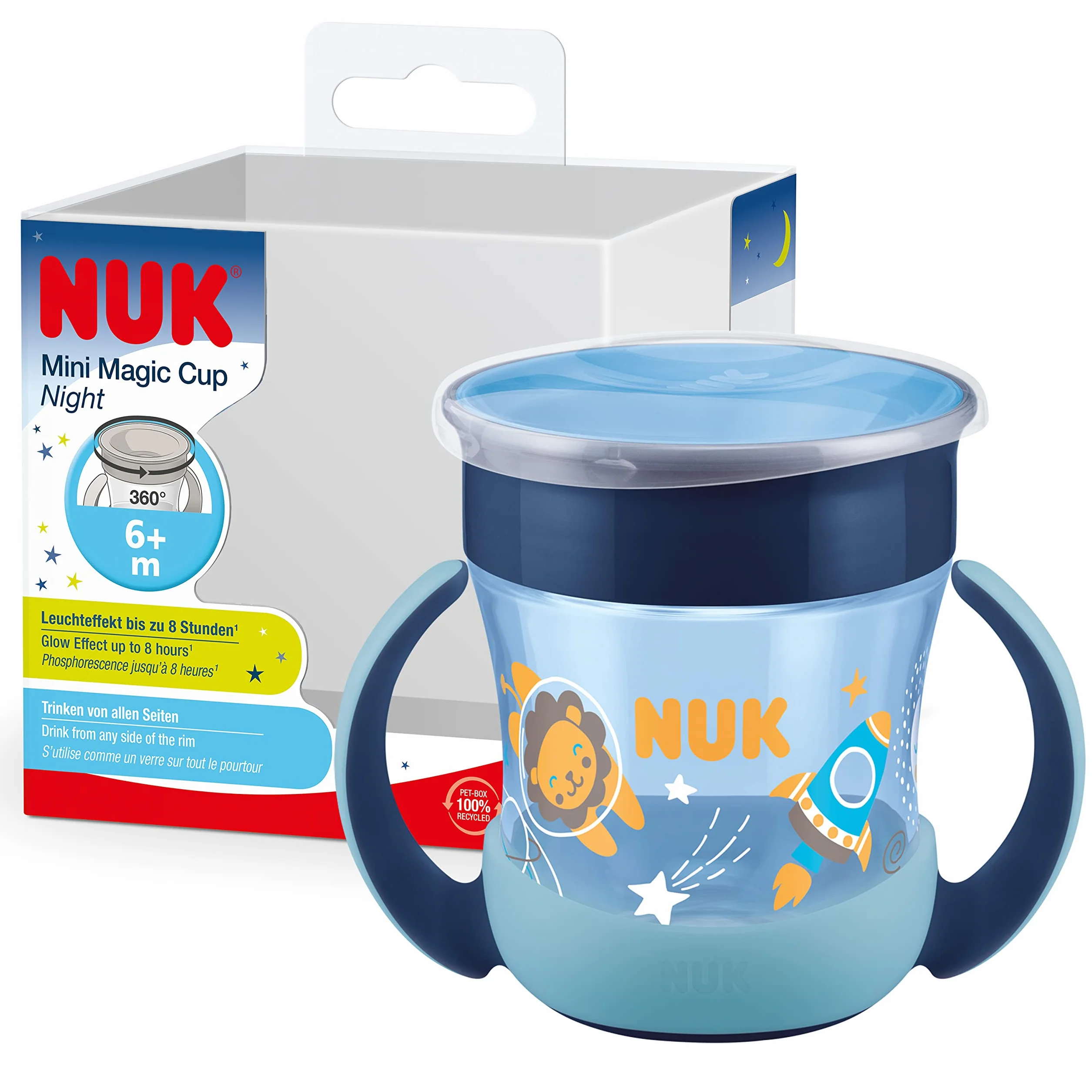 Kubek niekapek NUK Mini Magic Cup Night | Wiek: 6m+ | 160 ml | Krawędź zapobiegająca rozlaniom 360° Anti-Spill | Fosforyzujący kolor |Nie zawiera bisfenolu A, możliwość mycia w zmywarce | Niebieski