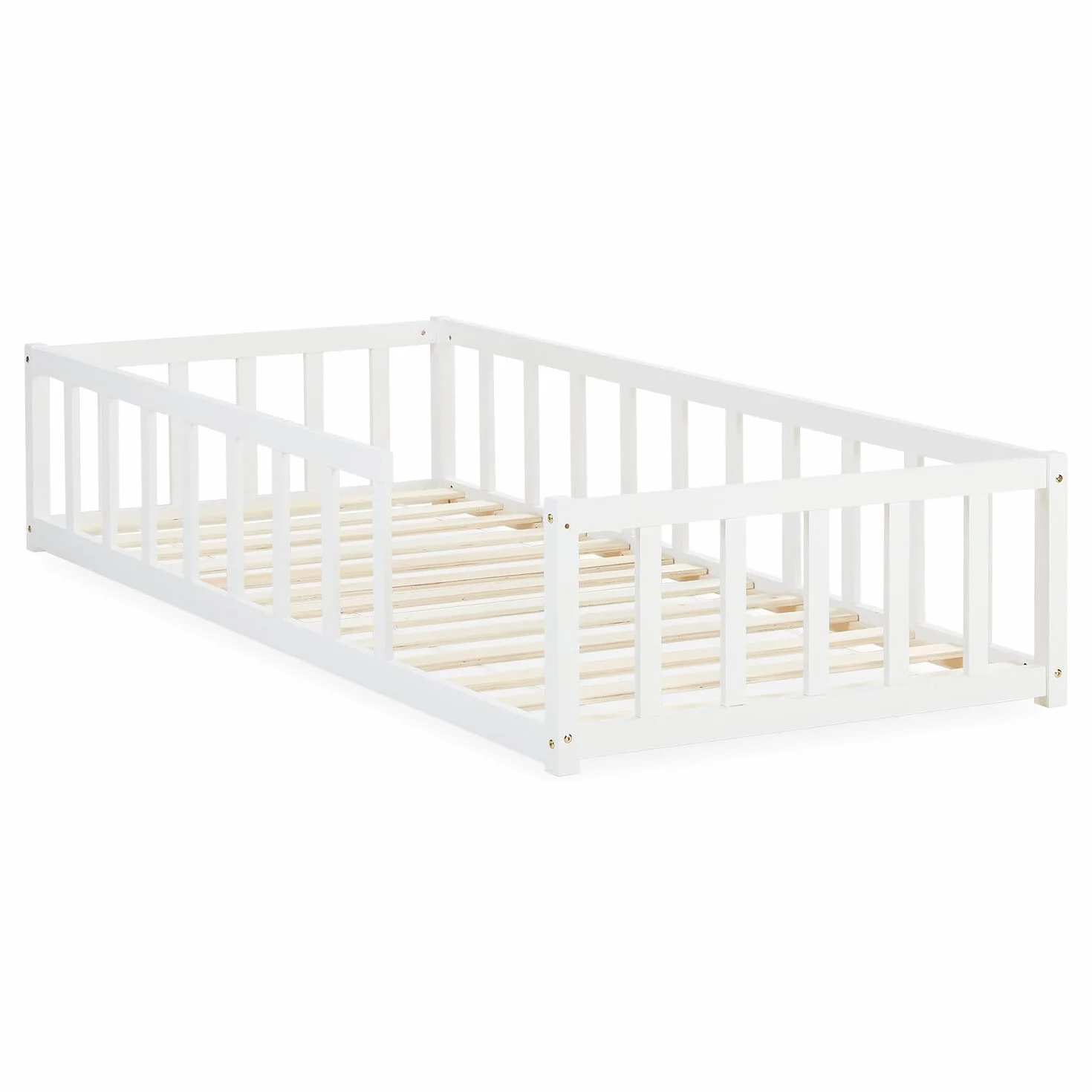 Homestyle4u 2523 - Łóżko dziecięce - z ochroną przed upadkiem - 90 x 200 cm - Łóżko podłogowe Montessori - Stelaż listwowy - Biały