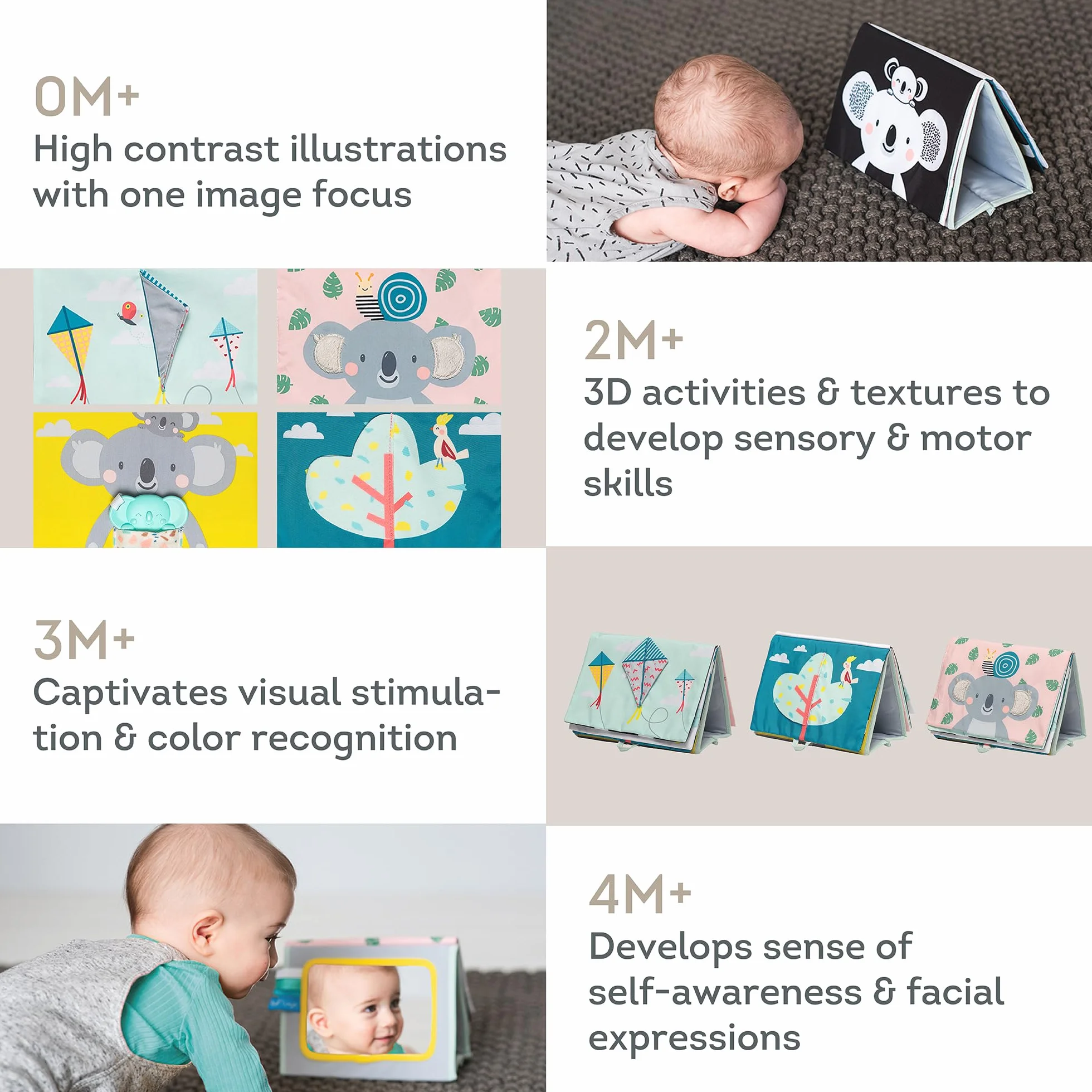 Taf Toys Koala Infant Tummy time Miękka dwustronna książka aktywności. Zawiera lusterko bezpieczne dla niemowląt, marszczone tekstury i miękki gryzak. 0 miesięcy +
