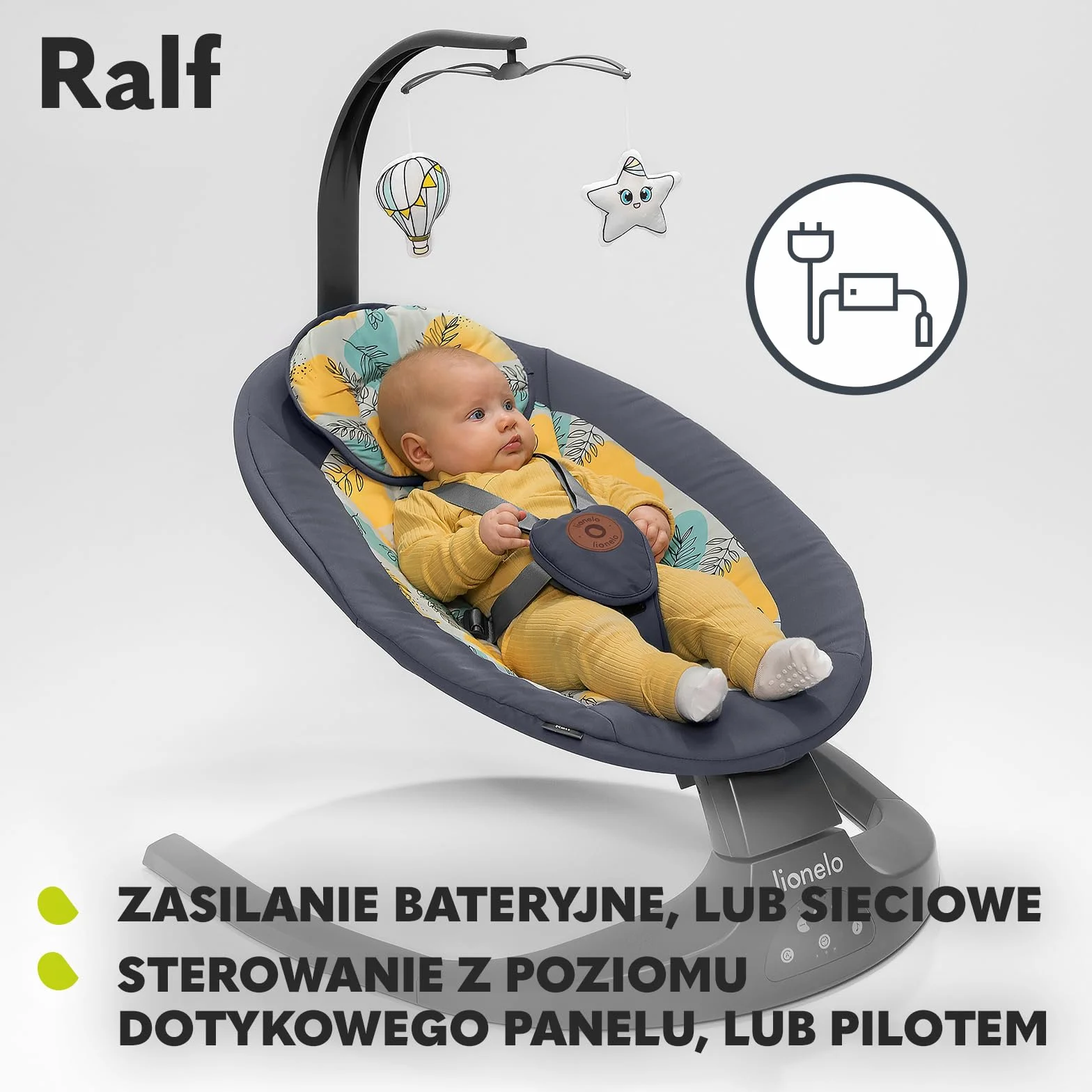 LIONELO Ralf 2w1 bujaczek i leżak dla dzieci, pilot, 12 melodii, 5 prędkości bujania, szary