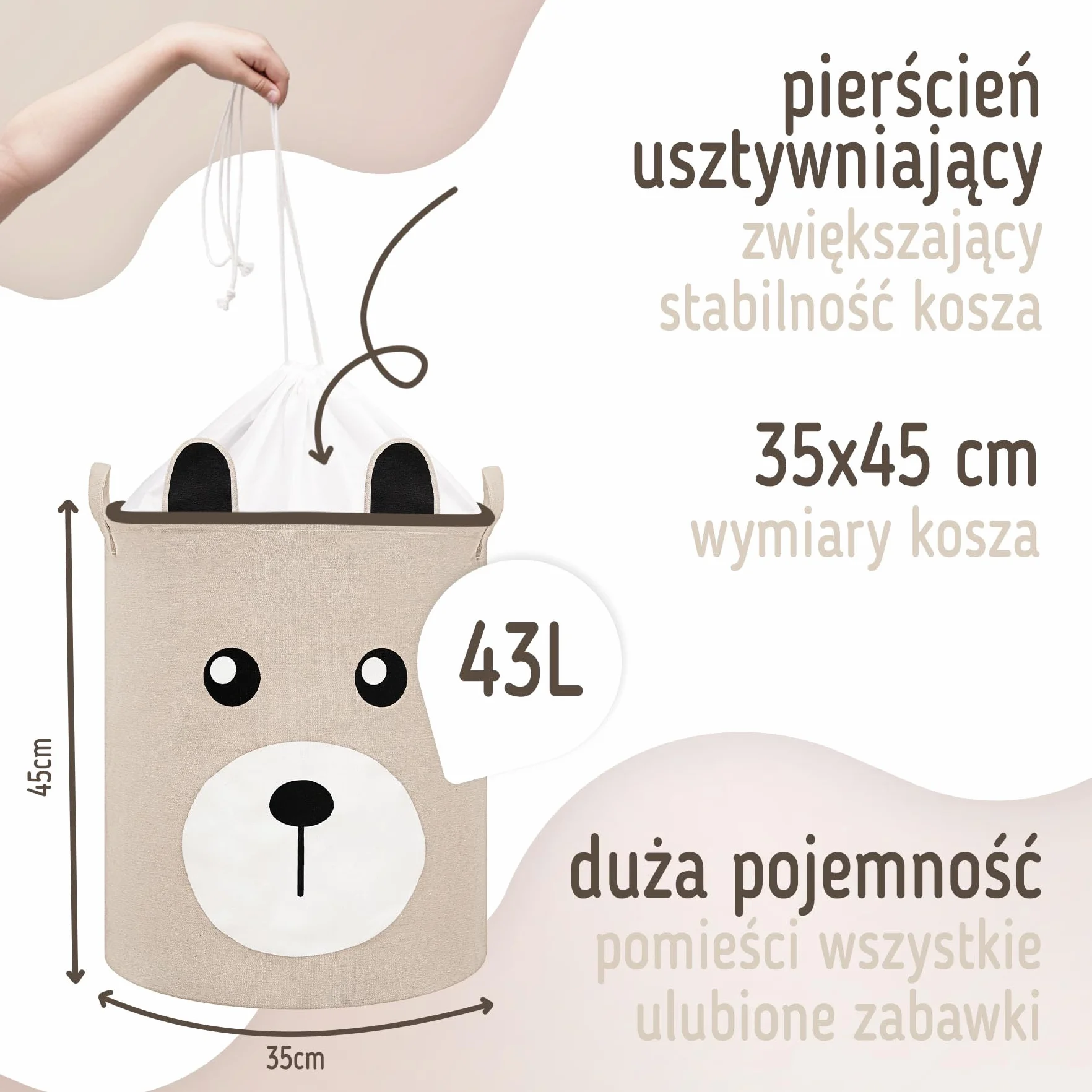 SIPO Kosz Do przechowywania Zabawek Do Pokoju Dziecięcego Bawełniany Składany Wodoodporny Na pranie Organizer Na Zabawki Zamykany Na Ściągacz z Uchwytami Beżowy Miś Duży Rozmiar XL Neutralny