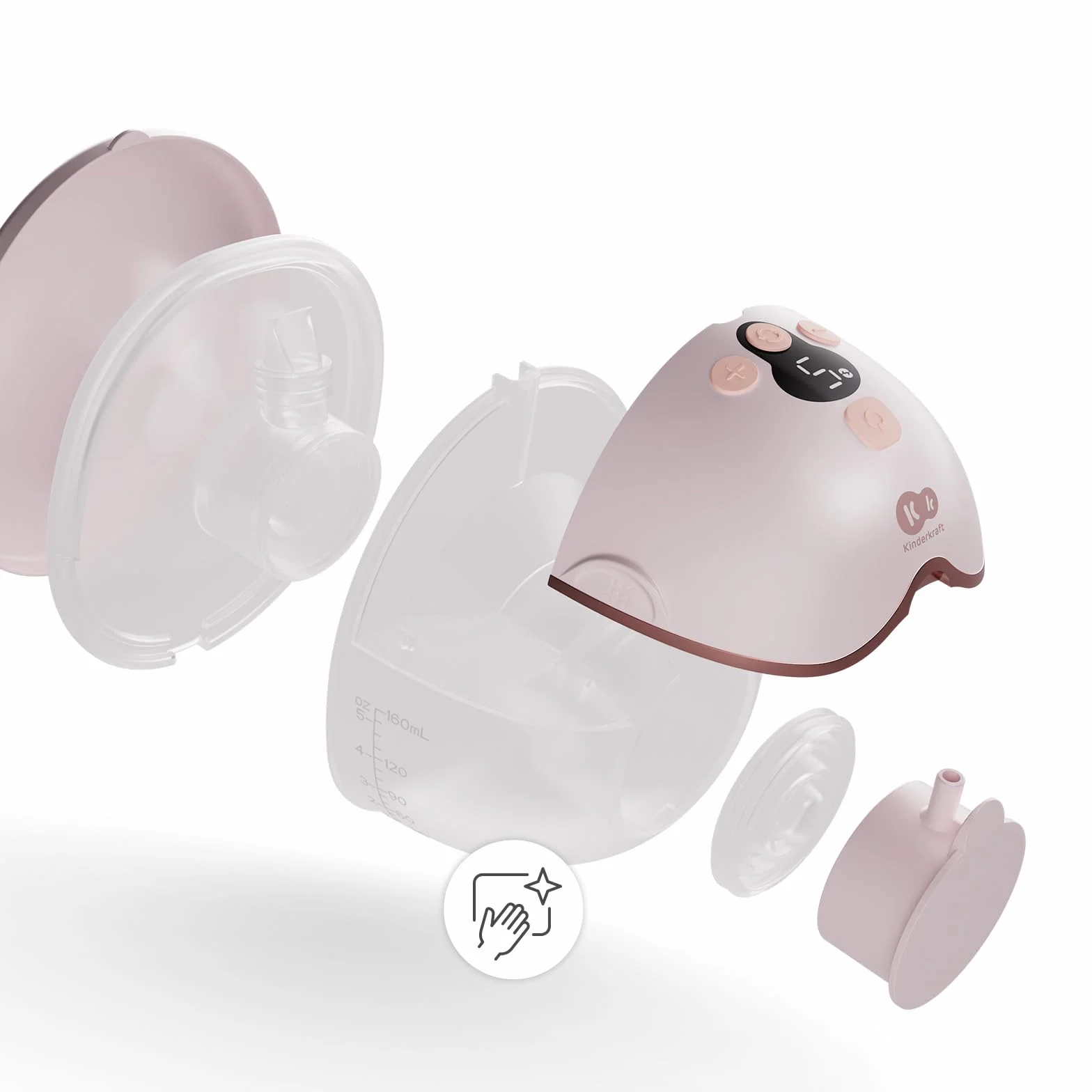 Kinderkraft MAMAFLOW elektryczny laktator pojedynczy, bezprzewodowy i przenośny, 4 tryby, 9 poziomów intensywności, funkcja pamięci, do 180 min pracy, ładowanie USB-C, łatwe czyszczenie, Różowy