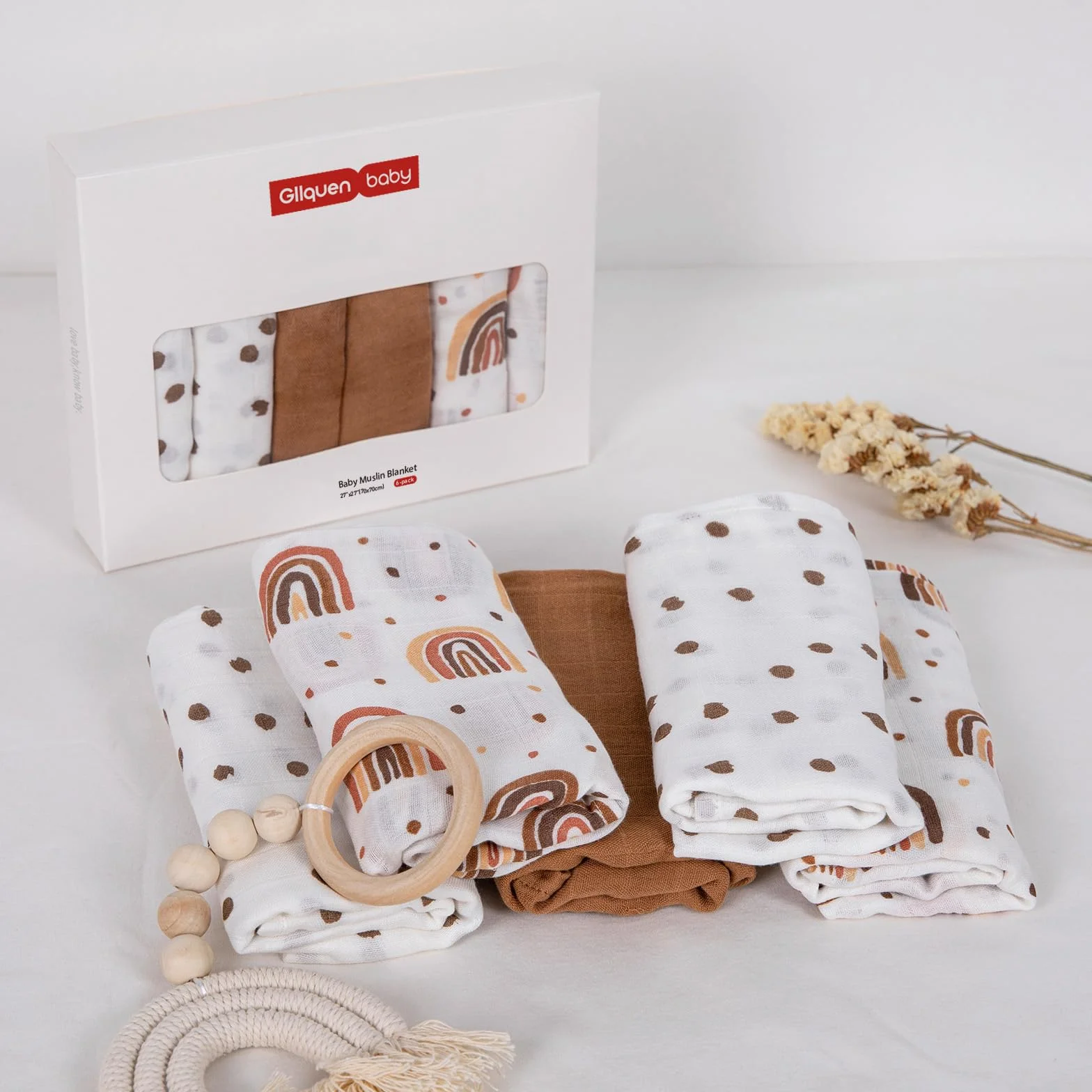 GLLQUEN BABY 6 x bawełnianych muślinowych ściereczek dla niemowląt, 70 cm x 70 cm, chłonne i oddychające, idealne do czyszczenia, czyszczenia i przykrywania noworodków