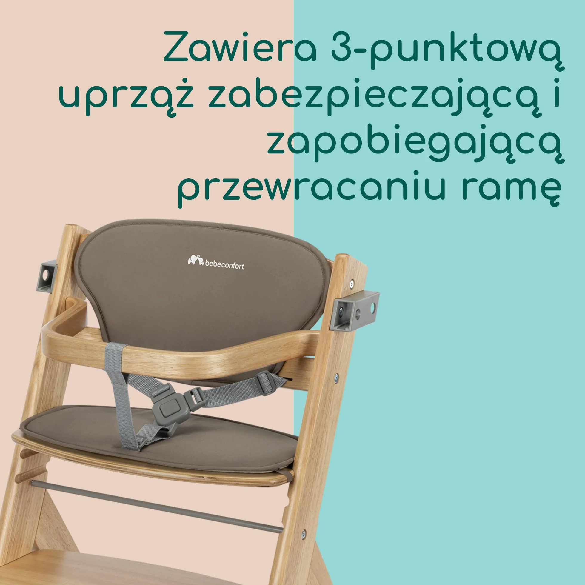 Bebeconfort Timba 2 z Poduszką, Krzesełko Dziecięce Drewniane, 6+ Miesięcy, Do 110 kg, Ergonomiczne Krzesełko do Karmienia, Pasuje do Wielu Stołów, Wyjmowana Taca, Natural Wood + Beige