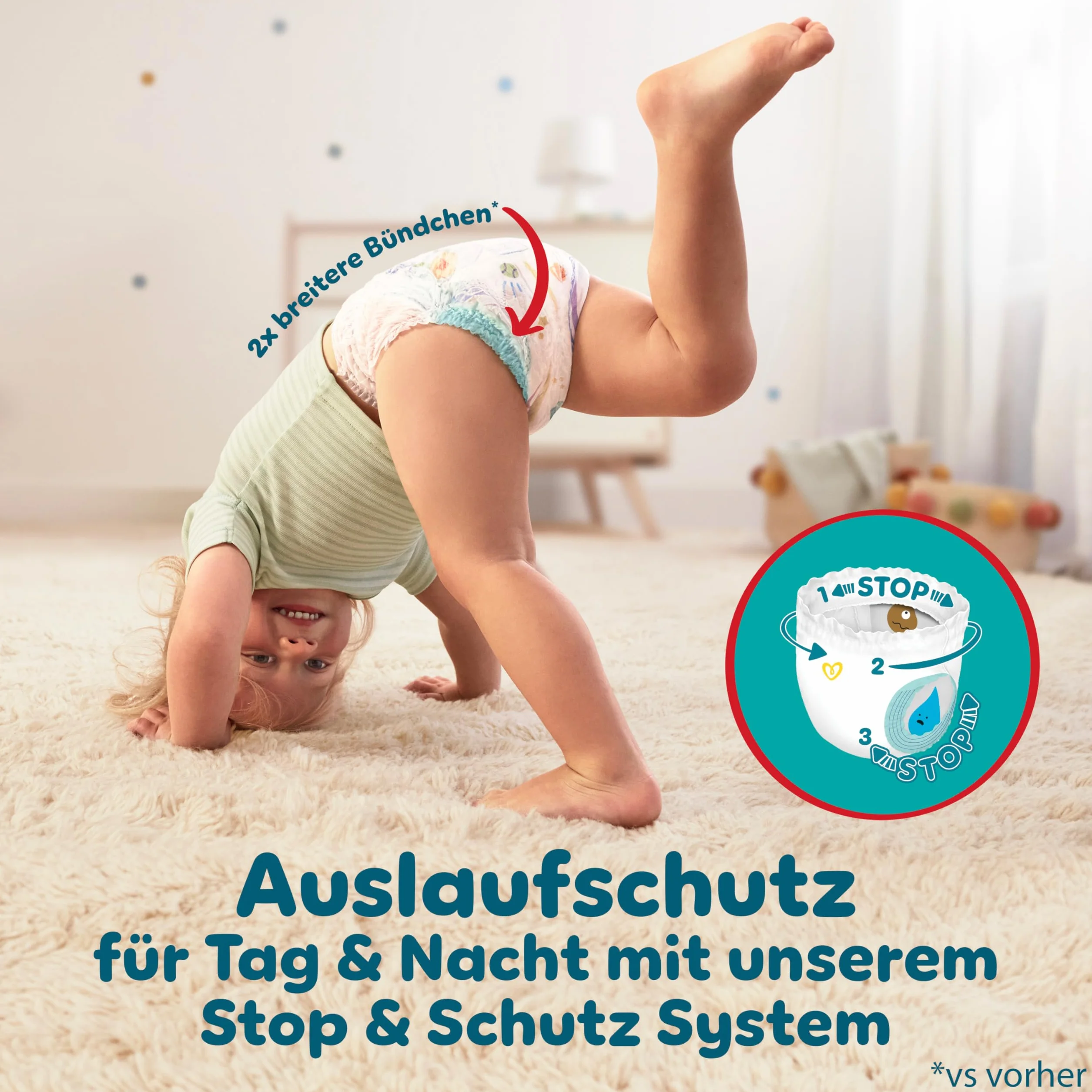 Pampers Spodnie Baby-Dry. Rozmiar 4, 180 pieluch-majtek, 9-15 kg, 360° Zabezpieczenie przed wyciekiem z kieszenią Stop & Protect na noc do 100% bez wycieków, opakowanie 1 miesiąc