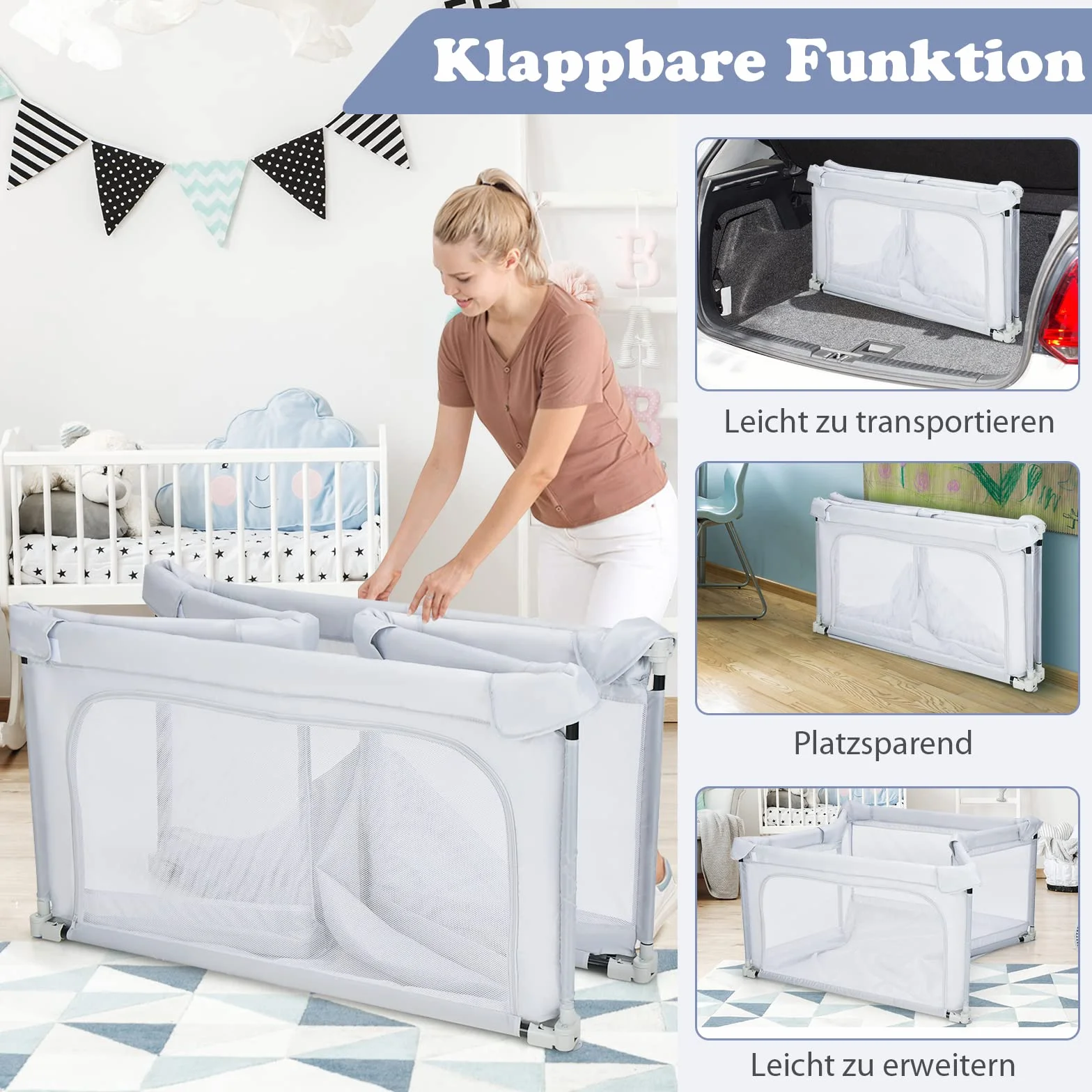 COSTWAY 124 x 124 cm Kojec dla niemowląt składany, przenośny kojec z 50 piłkami, 4 uchwytami, funkcją blokady, kratka do raczkowania z siatkowymi ściankami i drzwiczkami, koc raczkujący dla niemowląt