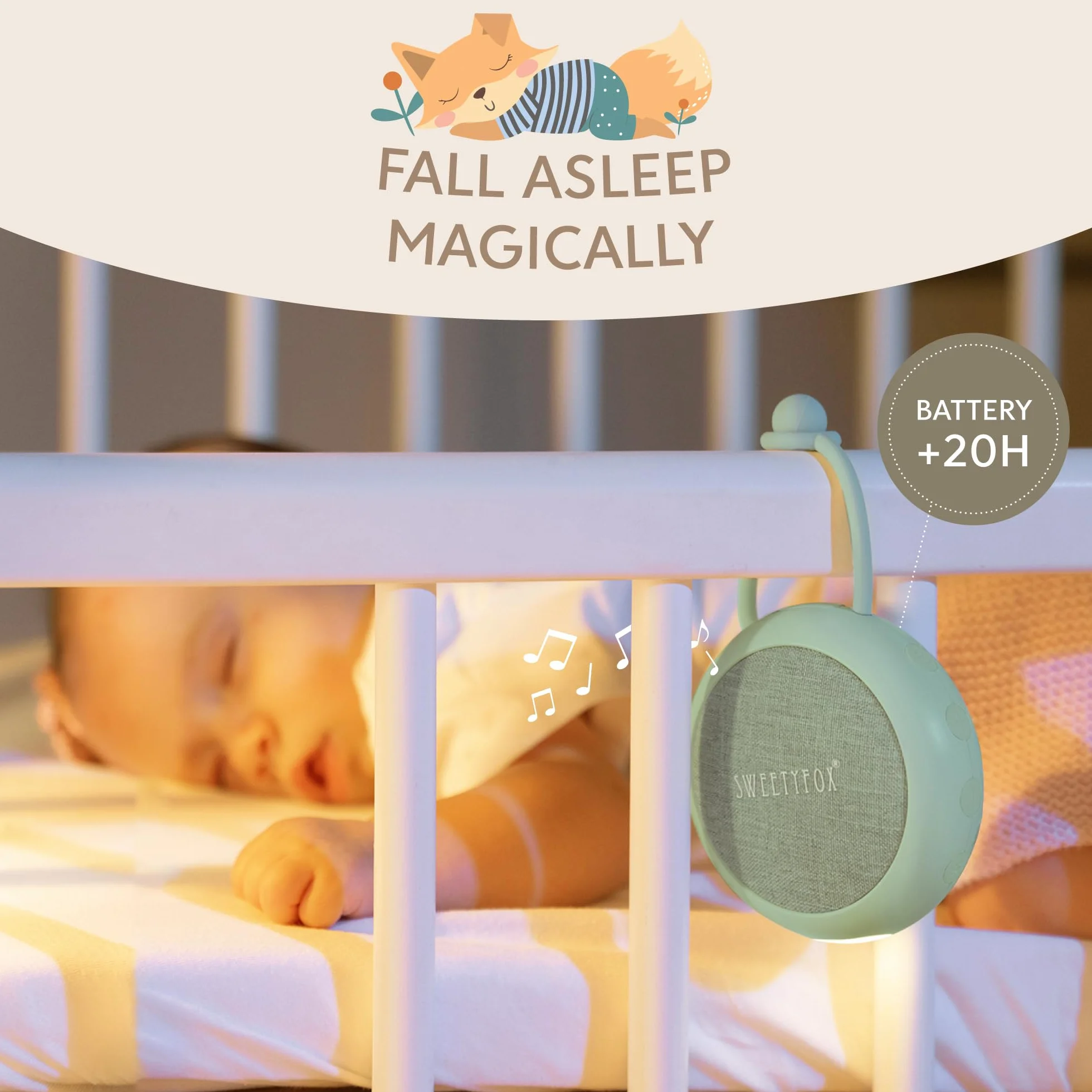 Sweety Fox Baby White Noise Machine - Zielony, Baby Kołysanka, Lampka nocna i White Noise Sleep, 15 dźwięków, Ładowanie przez USB