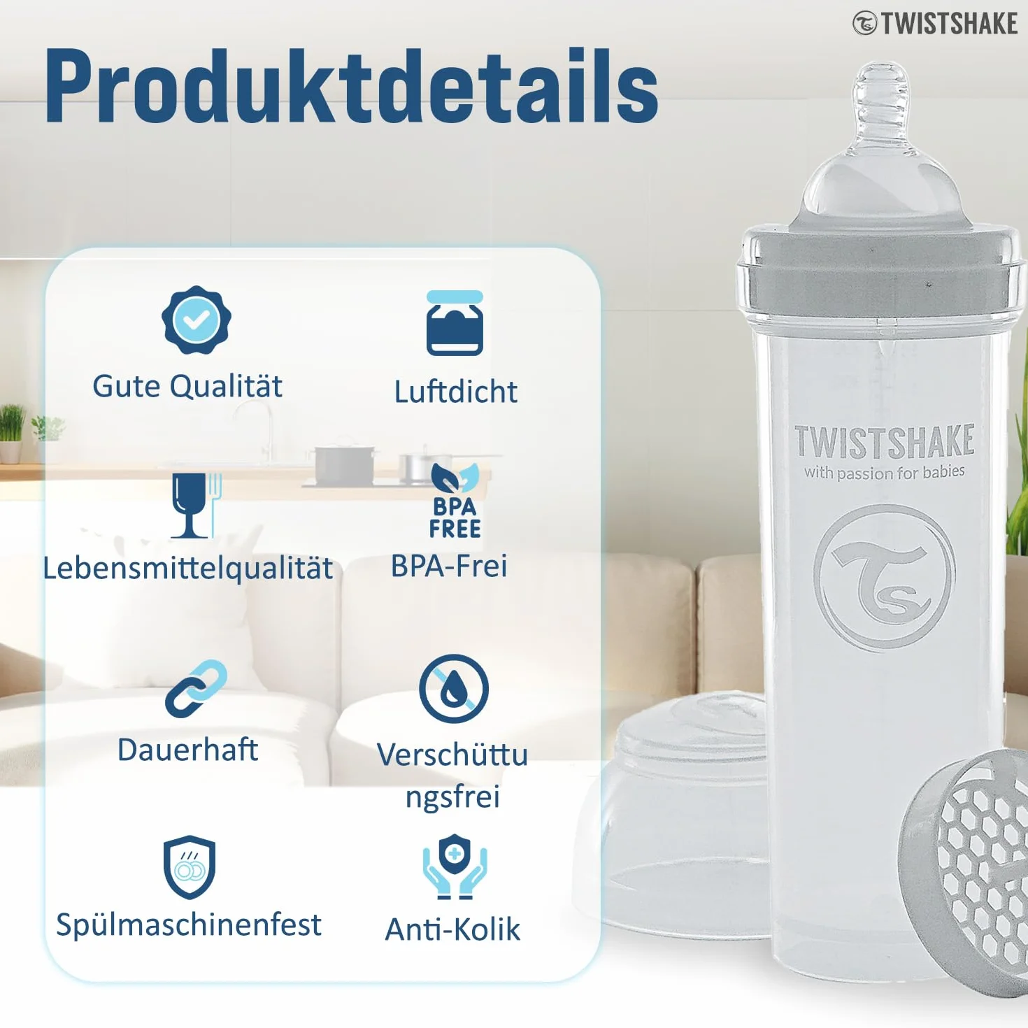 Twistshake Antykoliczna Butelka dla Niemowląt 330 ML, z Duży Przepływ Silikon Smoczki dla Dzieci 4+ Miesięcy, Dozownik Mleka w Proszku, Biały
