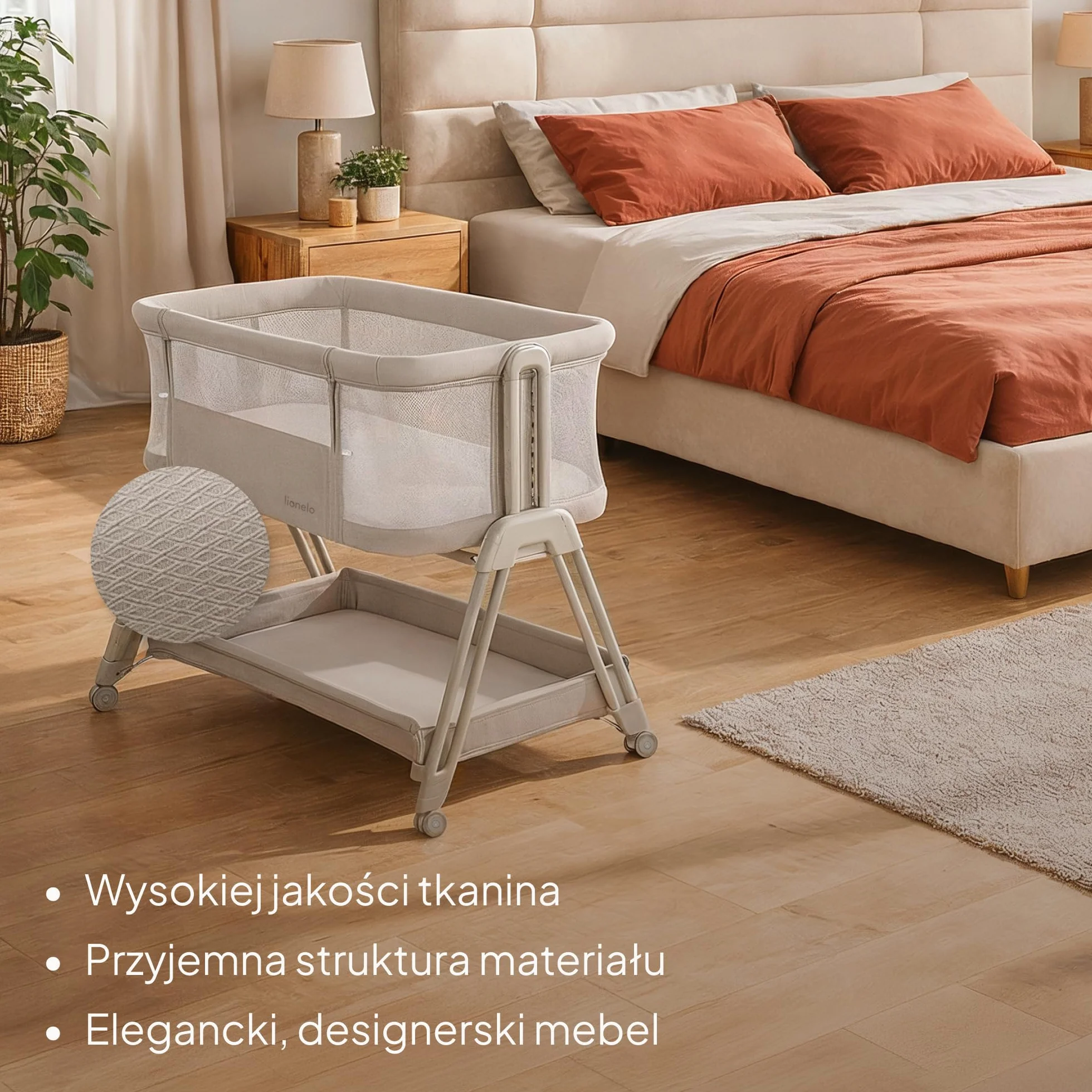 LIONELO Luna przenośne łóżeczko dostawne z materacykiem, co-sleeping, od noworodka do 9 kg. Regulowana wysokość i pochył, 4 kółka z blokadą, mocowanie do łóżka rodziców, przewiewne