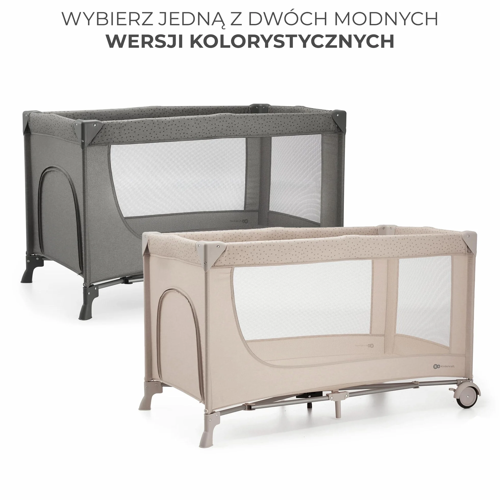 Kinderkraft JOY 2 Łóżeczko turystyczne 2 w 1, Boczne wejście, Szybkie składanie i rozkładanie, Zabezpieczenie przed złożeniem, Kółka i torba ułatwiające transport, Beżowy