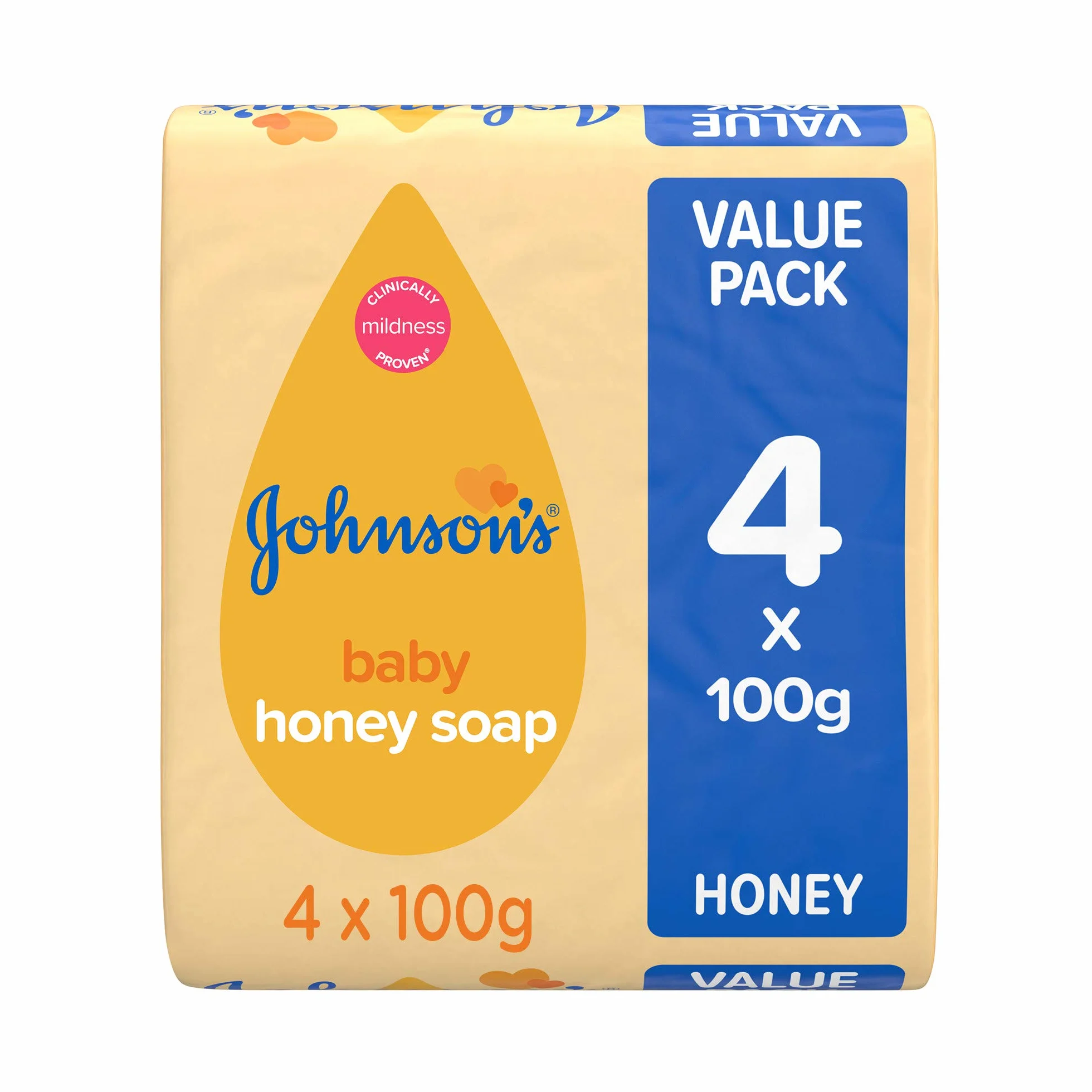 JOHNSON'S Baby Mydło miodowe 100 g, 4 opakowania – idealne do delikatnej skóry dziecka