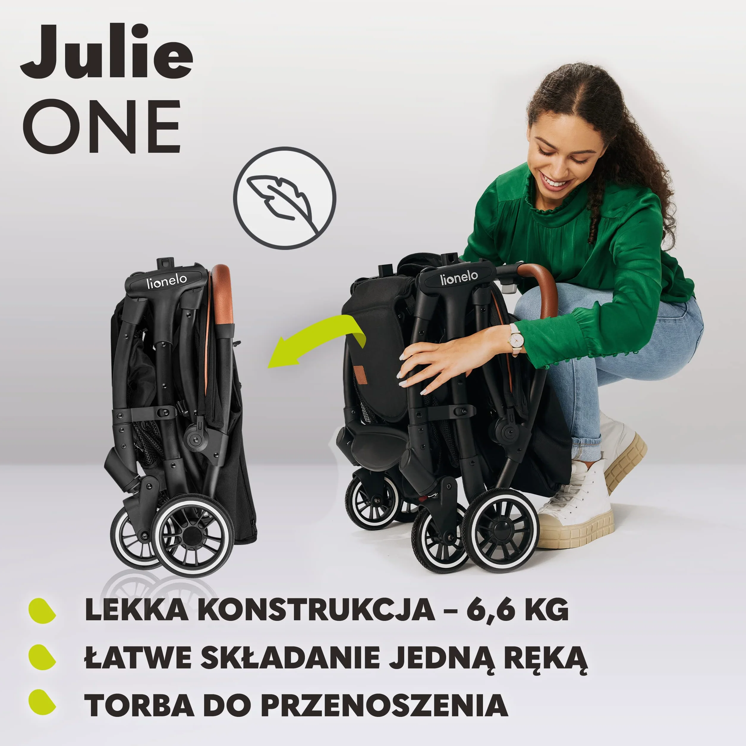 LIONELO Julie One wózek spacerowy do 22kg, regulacja oparcia od pozycji siedzącej do leżącej, regulowany podnóżek, ocieplacz na nóżki, moskitiera, torba do transportu