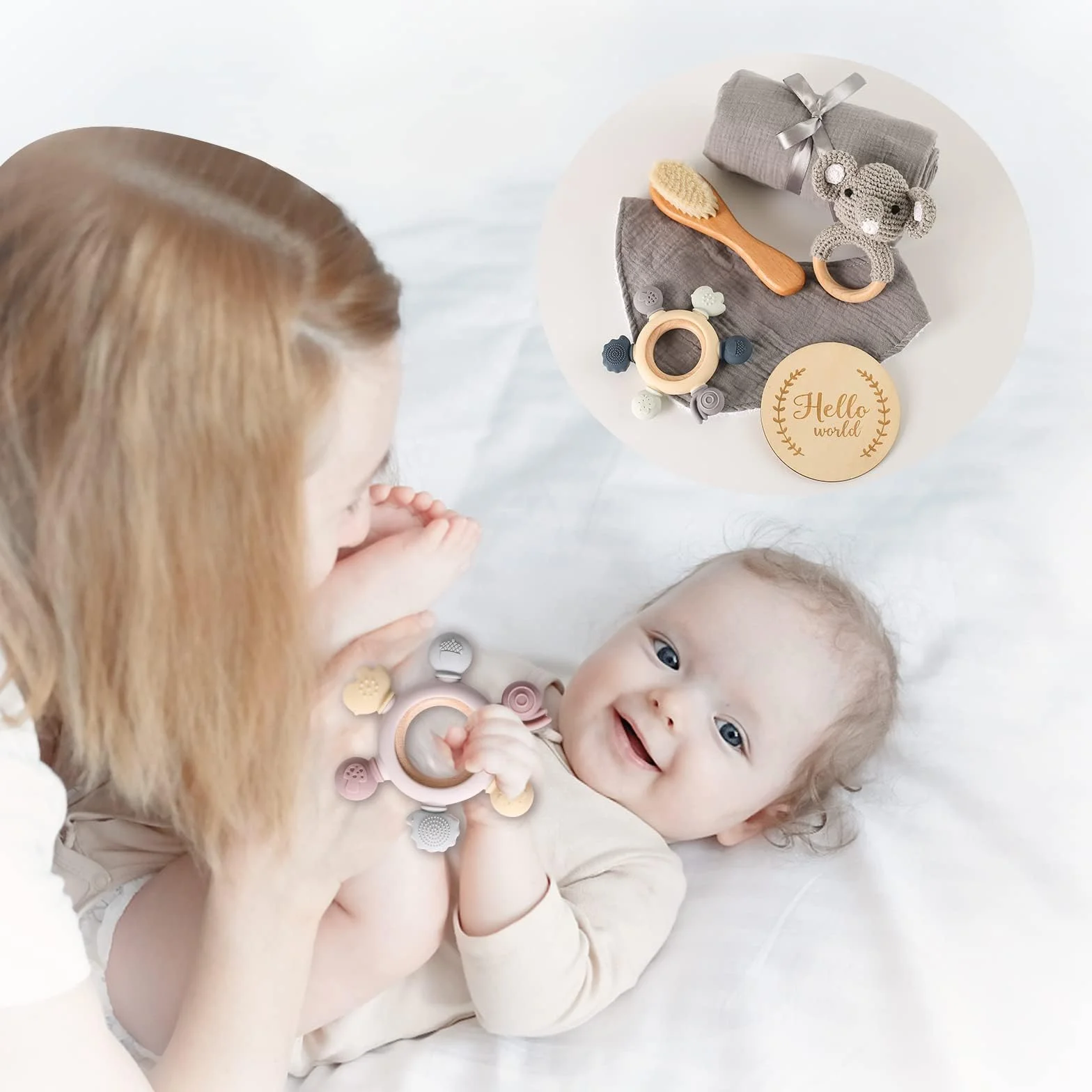 WOODEN TEETHER Prezent dla chłopców i noworodków, prezent z okazji narodzin dziecka, prezent z drewna, zabawka z chwytakiem, ręcznik kąpielowy, kamień milowy, kocyk dla niemowląt, rekwizyt