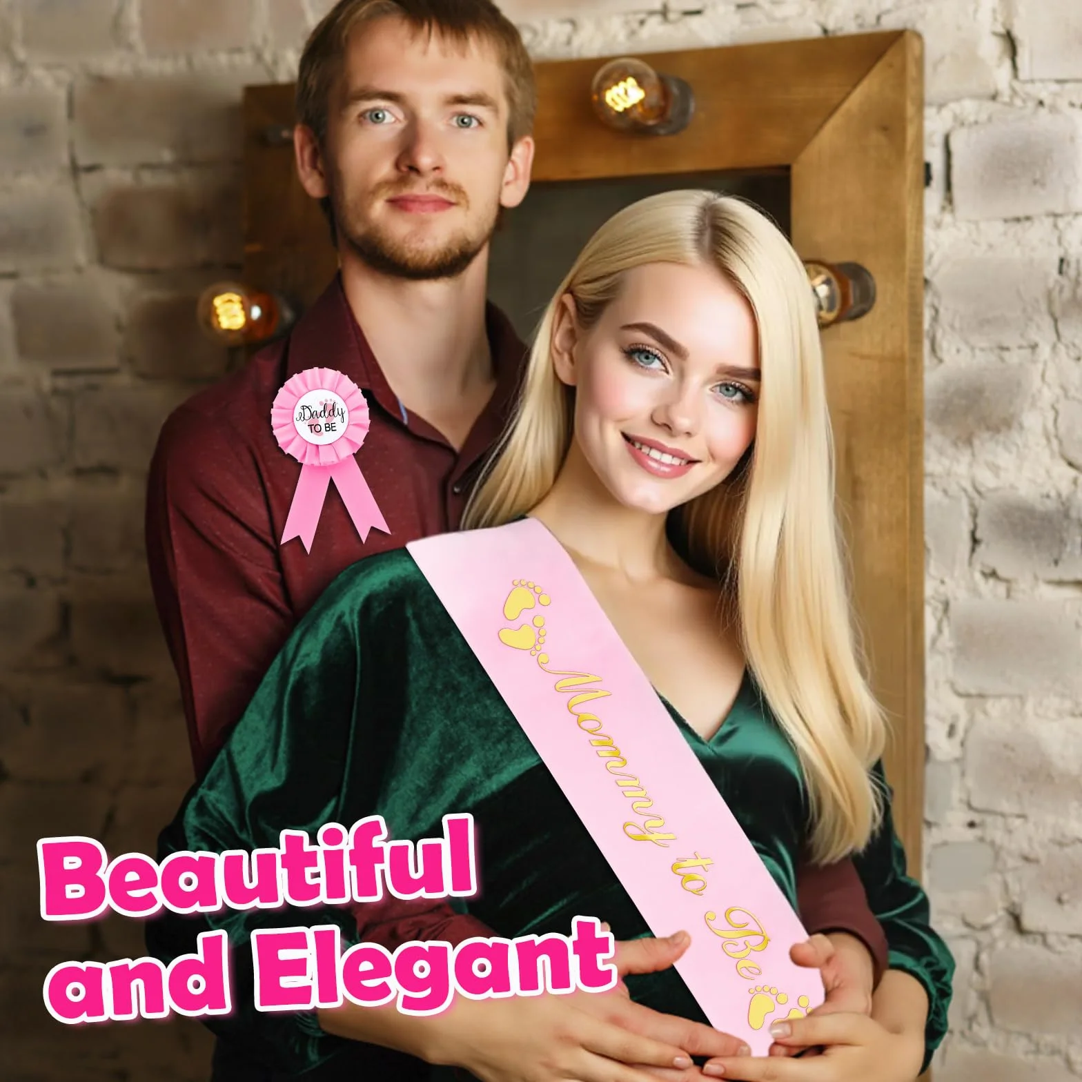 Szarfa Mom to Be Złote Brokatowe Litery Odznaka Expecting Dad Zestaw Dekoracja Baby Shower Różowy