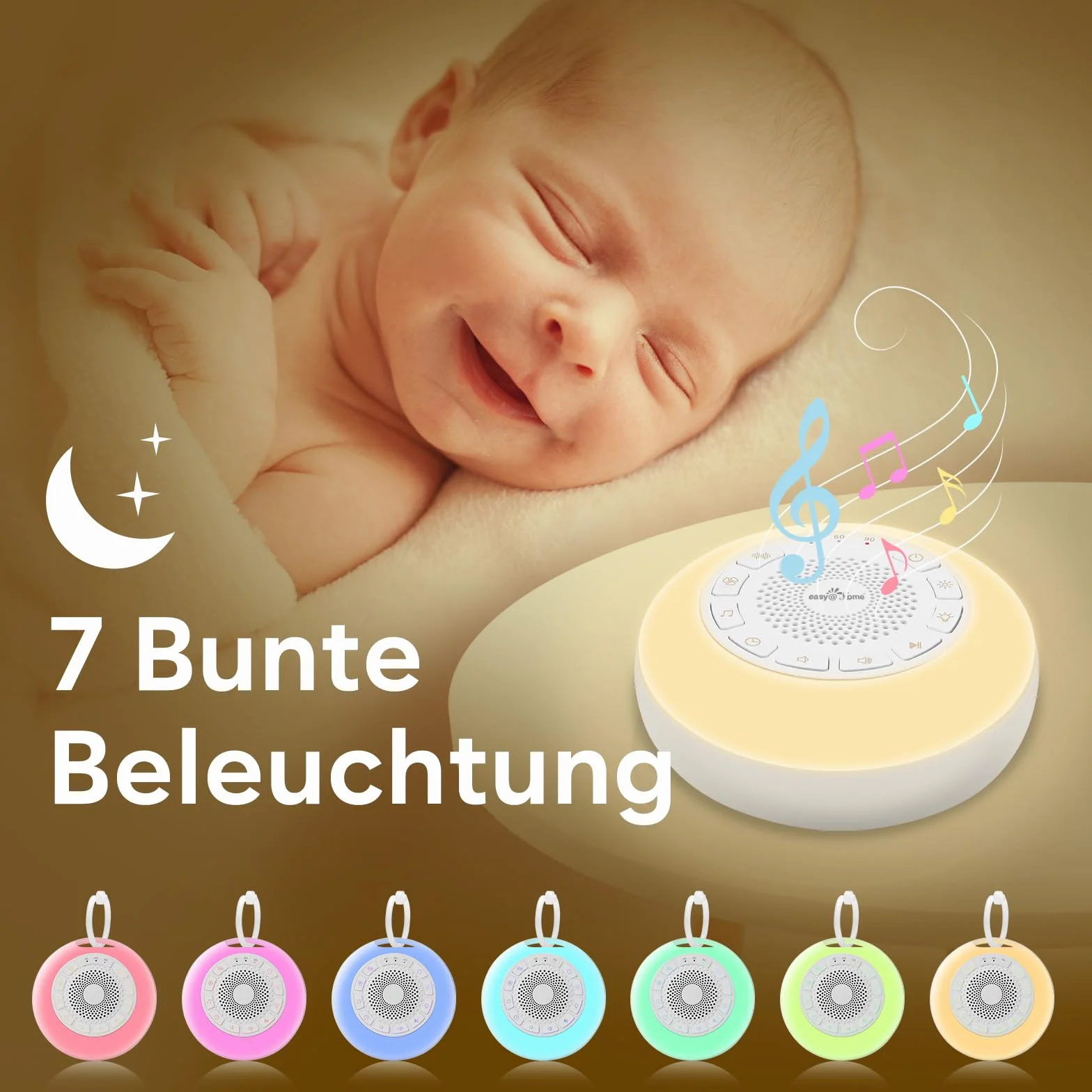 Easy@Home White Noise Machine: Przenośna pomoc w zasypianiu dzieci z białym hałasem | Lampka nocna | 26 kojących kołysanek i dźwięków natury | 3 ustawienia timera | 7 kolorowych oświetlenia i USB