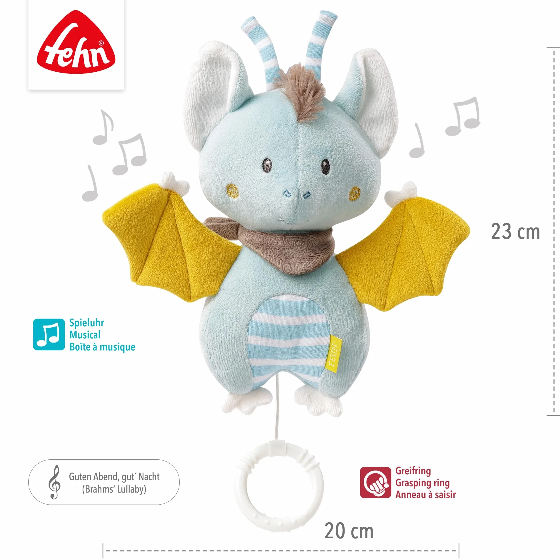 Fehn Spieluhr Fledermaus Aufzieh-Spieluhr mit Brahms Wiegenlied für Babys und Kleinkinder ab 0+ Monaten