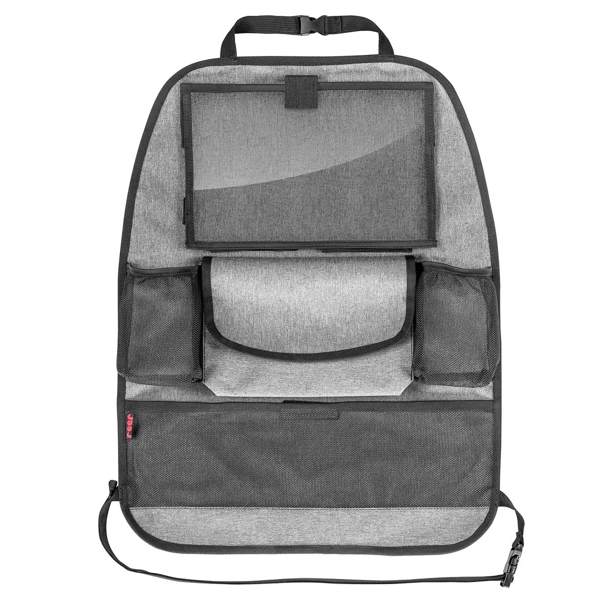 reer TravelKid Entertain organizer na tylne siedzenie samochodowe, z kieszenią na tablet, odporny na zabrudzenia, wiele kieszeni, do wszystkich foteli samochodowych, również foteli sportowych, szary, 1 sztuka (1 opakowanie)