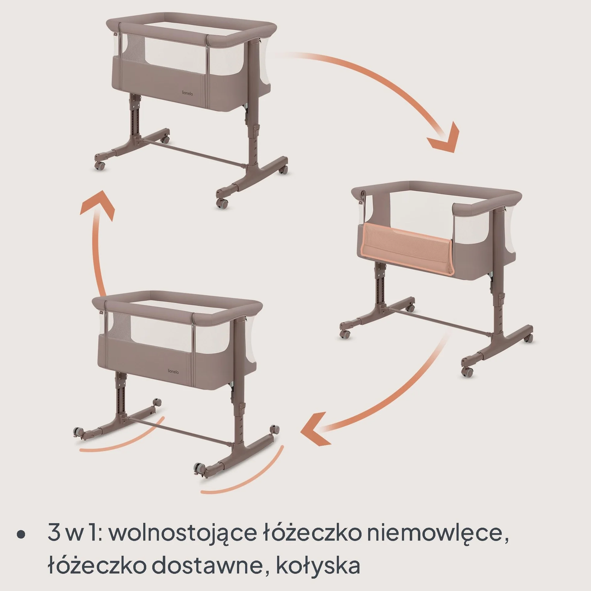 LIONELO Aurora 3 w 1 Łóżeczko Dziecięce do 9 kg Łóżko Dostawne Kołyska Regulacja Wysokości Kąta Nachylenia Materaca 4 Kółka z Hamulcem Torba (Szary)