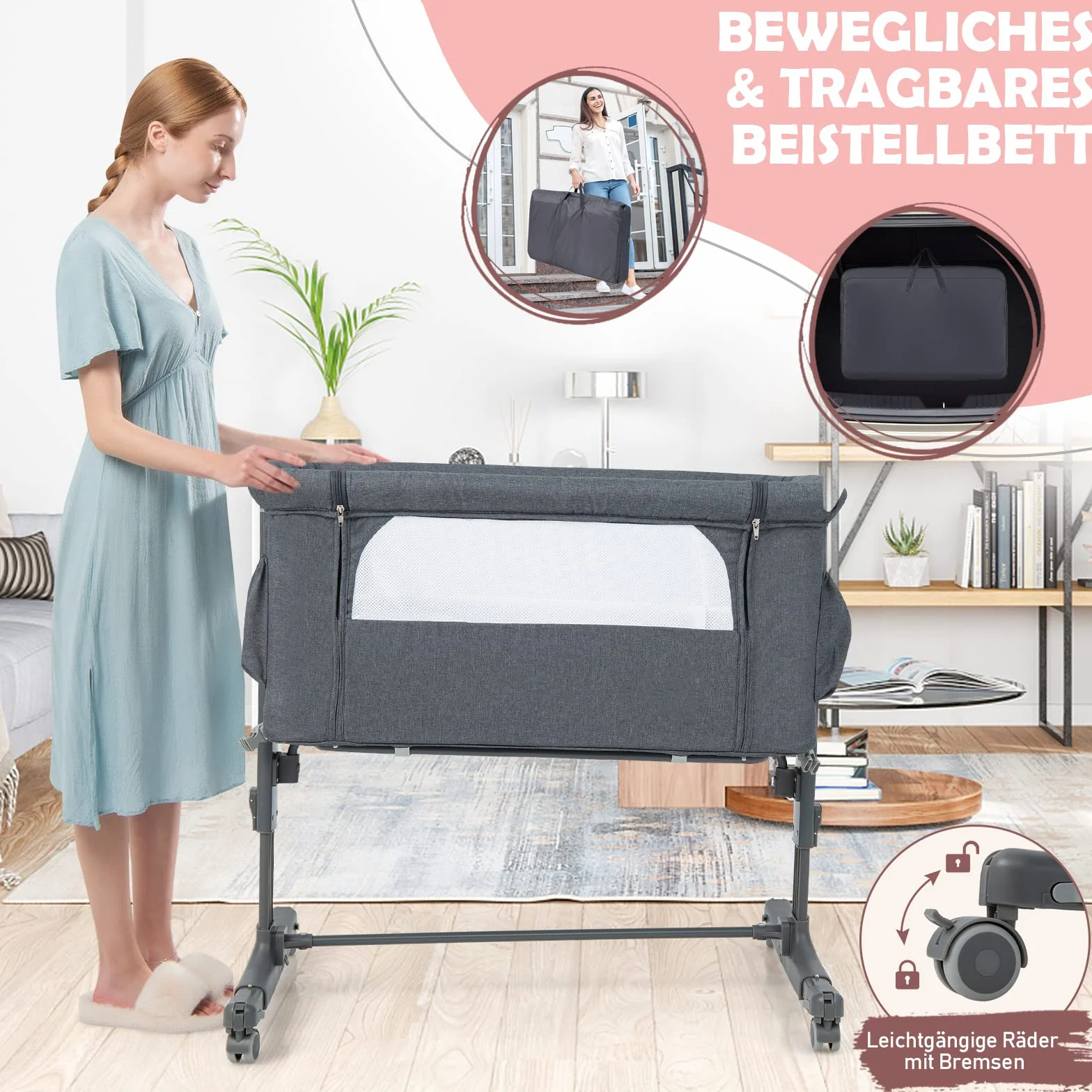 COSTWAY 3 in 1 Bassinet & Cradle & Travel Cot, 5-stopniowe łóżeczko dziecięce z regulacją wysokości, nachylenie 10°, łóżeczko z materacem, torba transportowa (ciemnoszary)