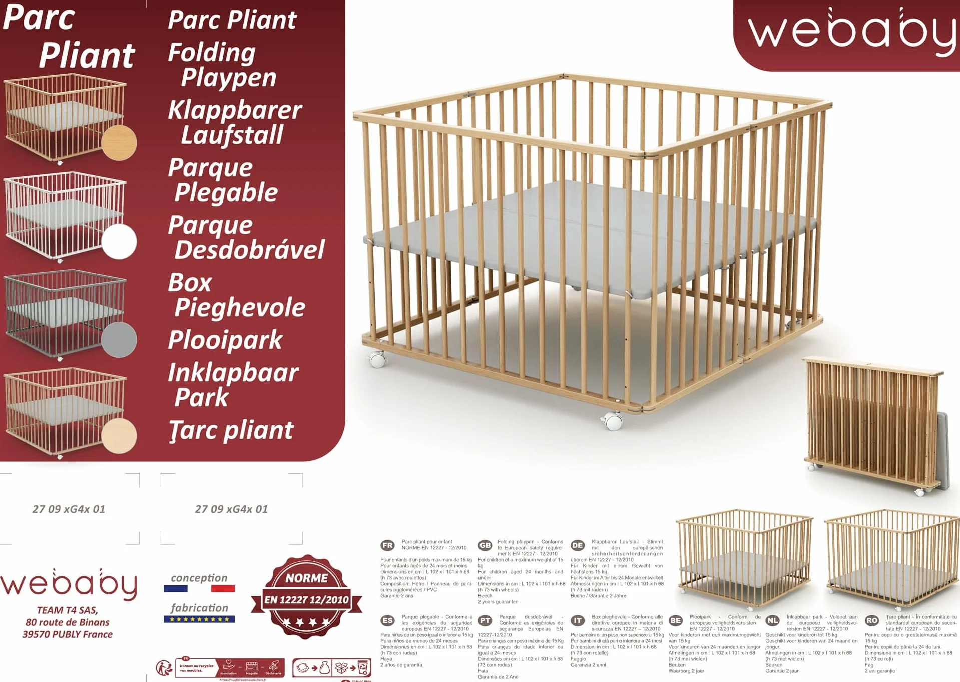 WEBABY - Kojec Składany 100X100 Buk Surowy| Kojec XXL z 4 kółkami | Regulowane dolne 3 wysokości | Dla dzieci do 24 miesiąca życia