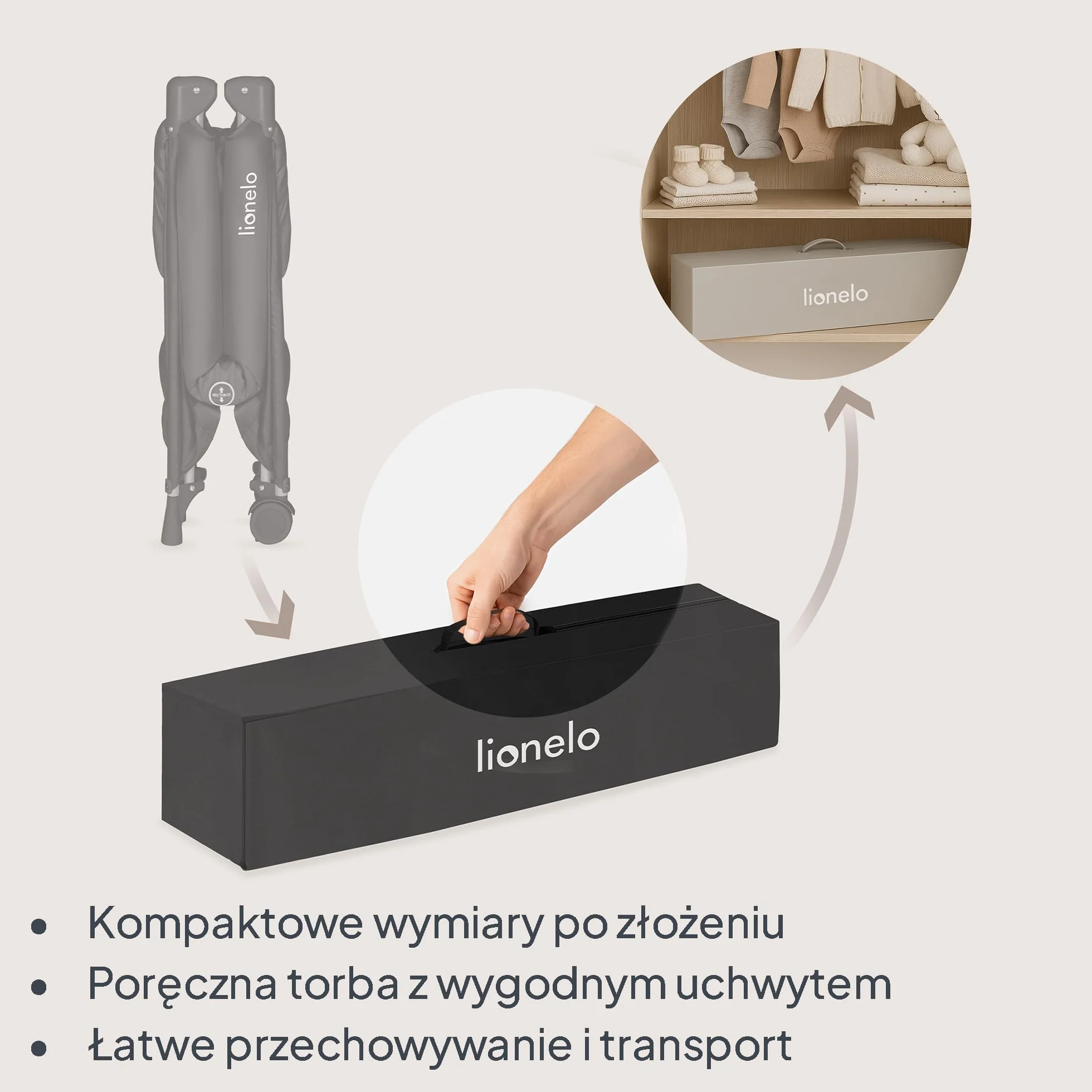 Lionelo Amelie dziecięce łóżeczko podróżne od urodzenia do 15 kg, małe, składane, miękki materac składany, 100,5 x 70,5 cm, 2 koła, boczne wejście, torba podróżna