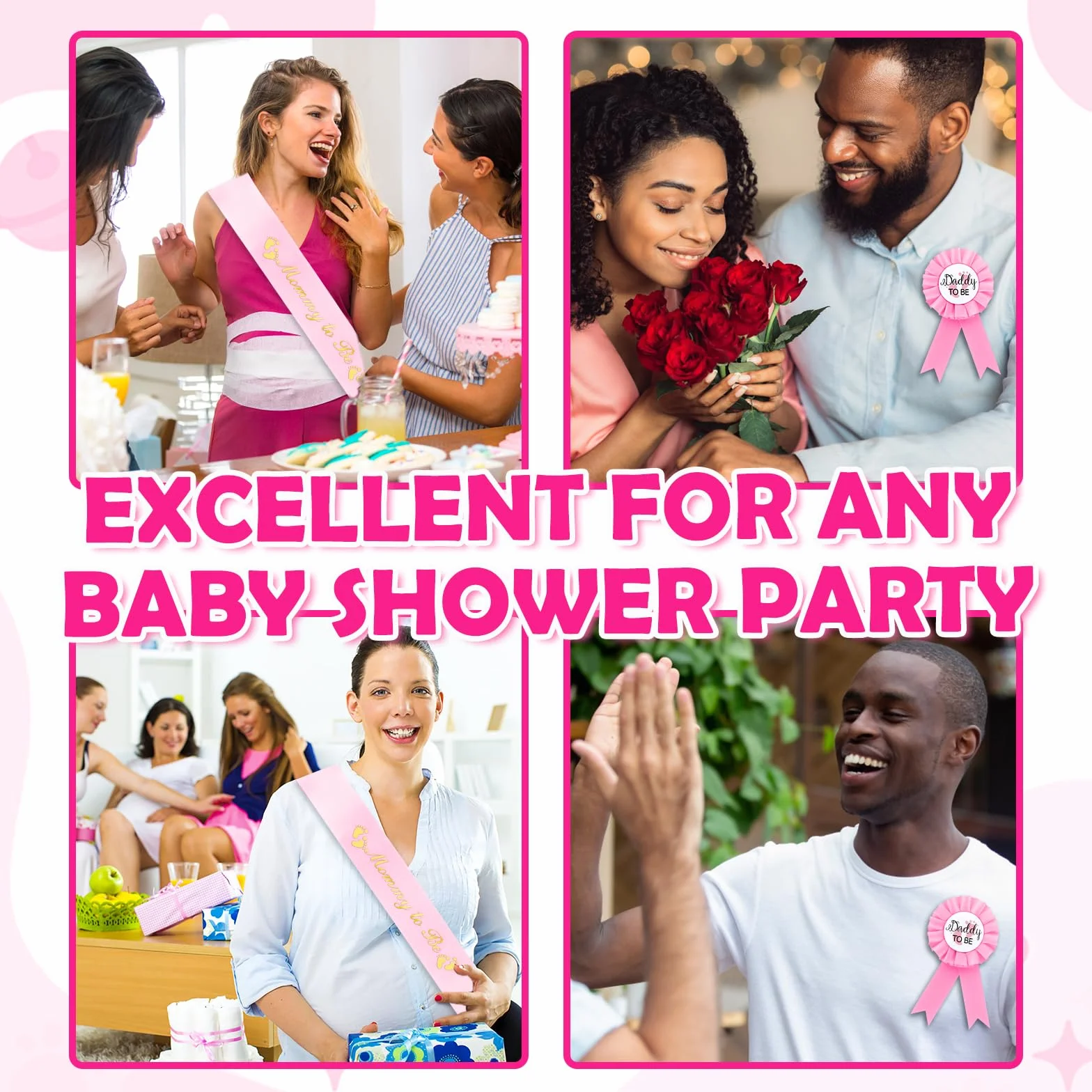 Szarfa Mom to Be Złote Brokatowe Litery Odznaka Expecting Dad Zestaw Dekoracja Baby Shower Różowy