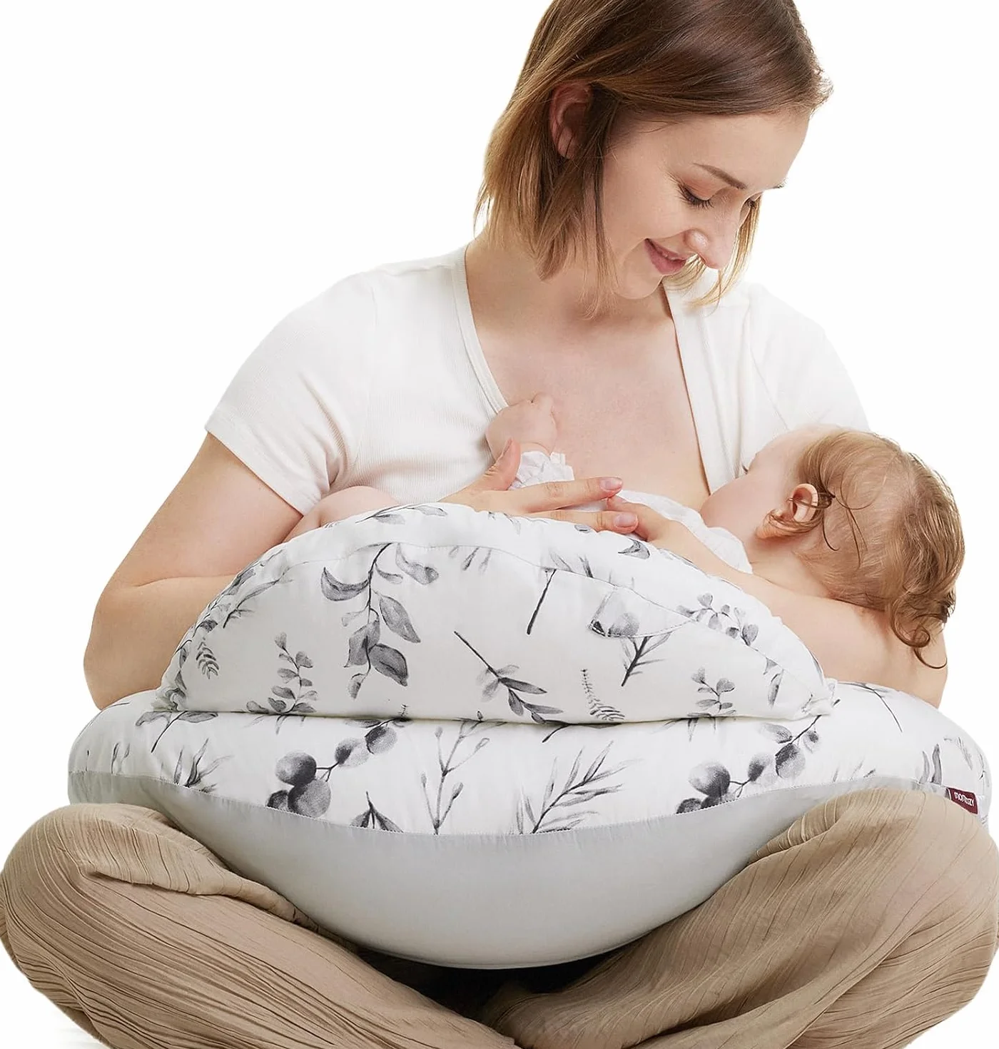 momcozy Poduszka do karmienia z bezpiecznym obramowaniem – ergonomiczna poduszka do karmienia i przechowywania z regulowanym paskiem i zdejmowaną bawełnianą poszewką, liście w jasnym tuszu