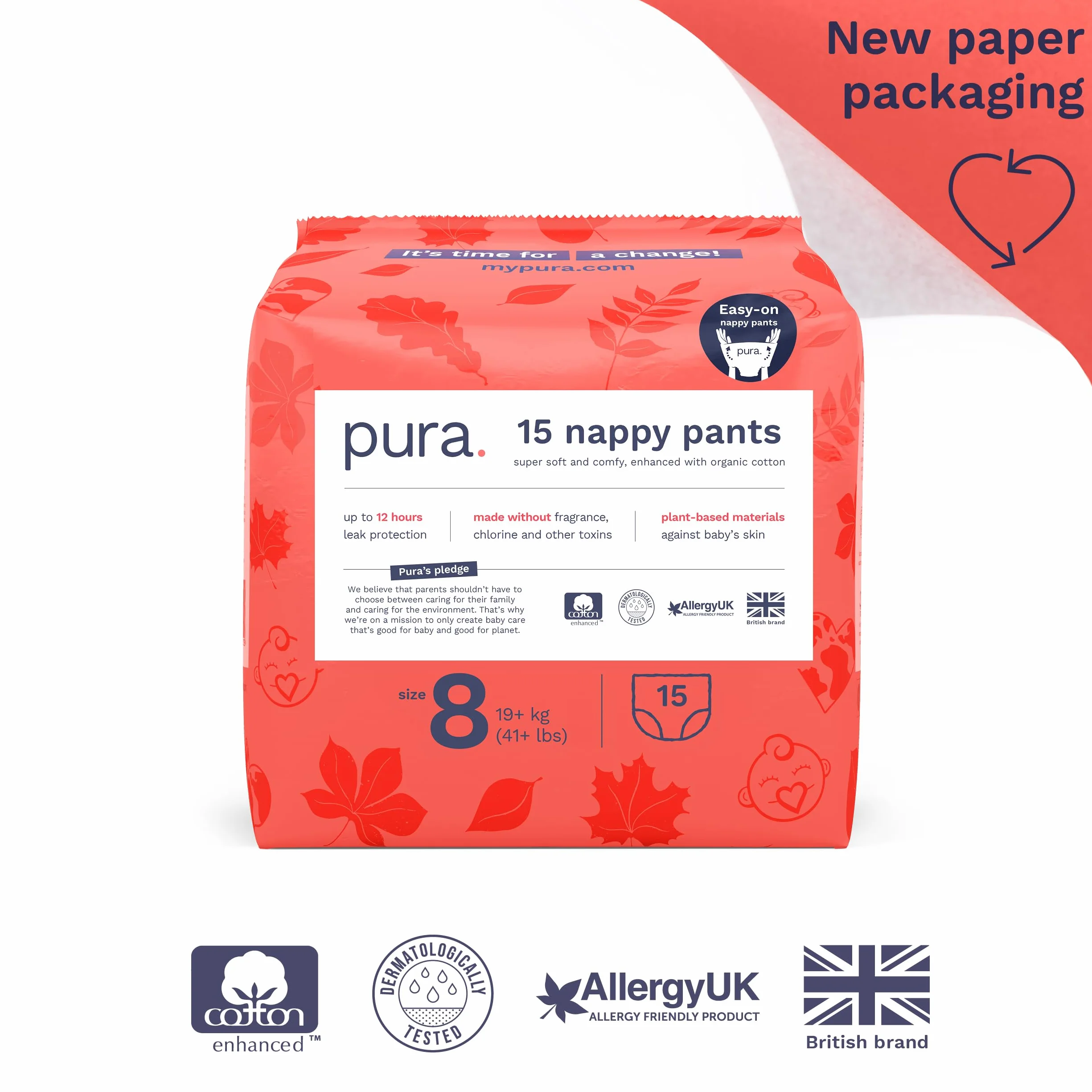 Pura Eco Nappy Pants rozmiar 8 (19 kg+) 15 nóżek odpinane szelki hipoalergiczne bez zapachu
