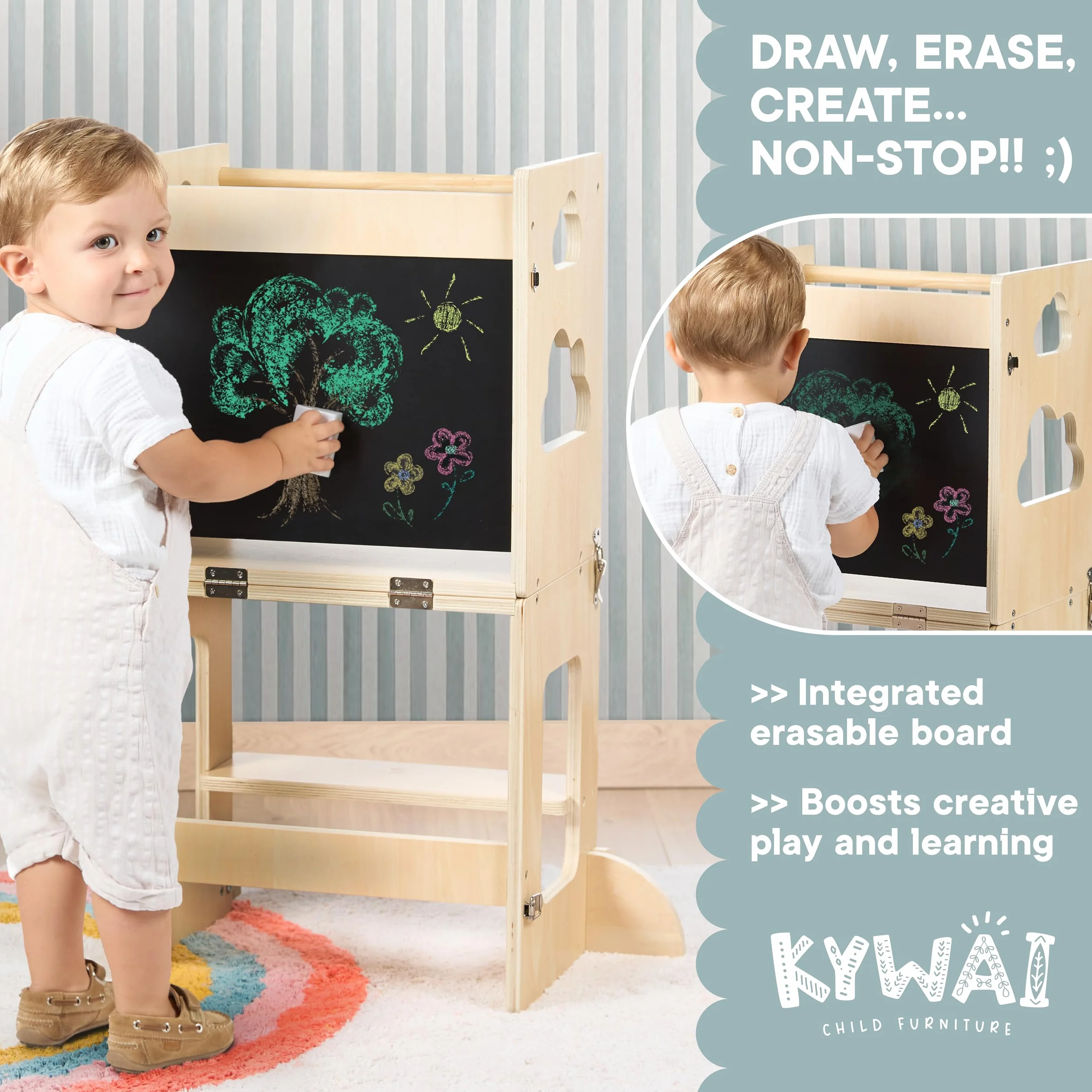 Wieża Montessori składana – krzesełko kuchenne dla dzieci 3 w 1 Premium: składana wieża edukacyjna, przekształcana w biurko z tablicą, drewno FSC, firma zrównoważona wspierająca zalesianie
