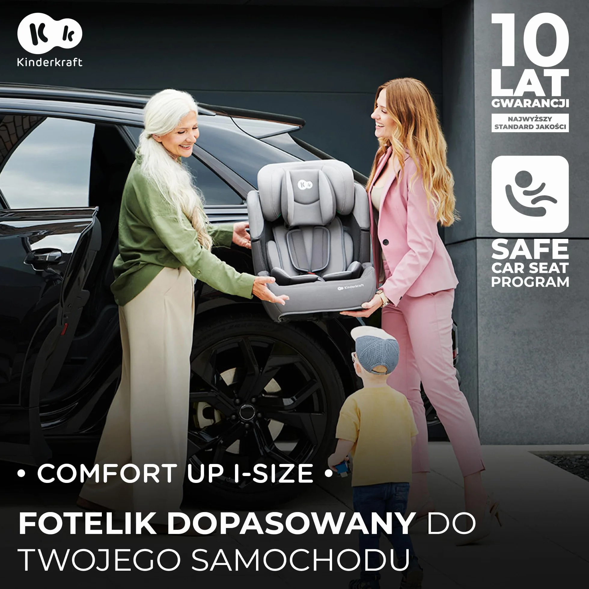 Kinderkraft COMFORT UP Fotelik samochodowy i-Size, Regulowany zagłówek, Poddany testom zderzeniowym, Systemy bezpieczeństwa, Wkładka dla najmłodszych, Norma R129, Grupa ECE I/II/III 9-36 kg, Różowy